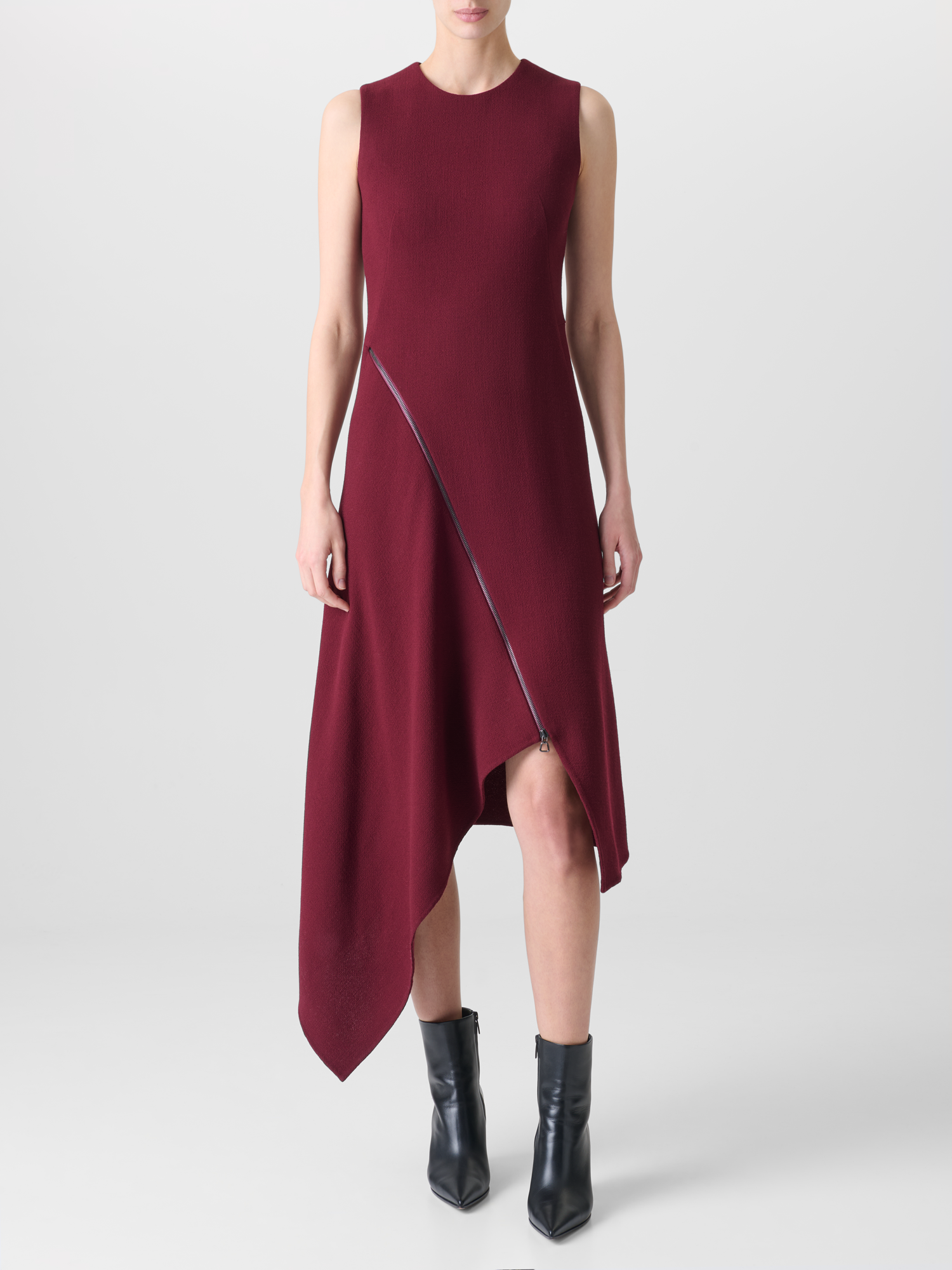 Designer Asymmetrical Flared Dress in Wool Double-Face - red