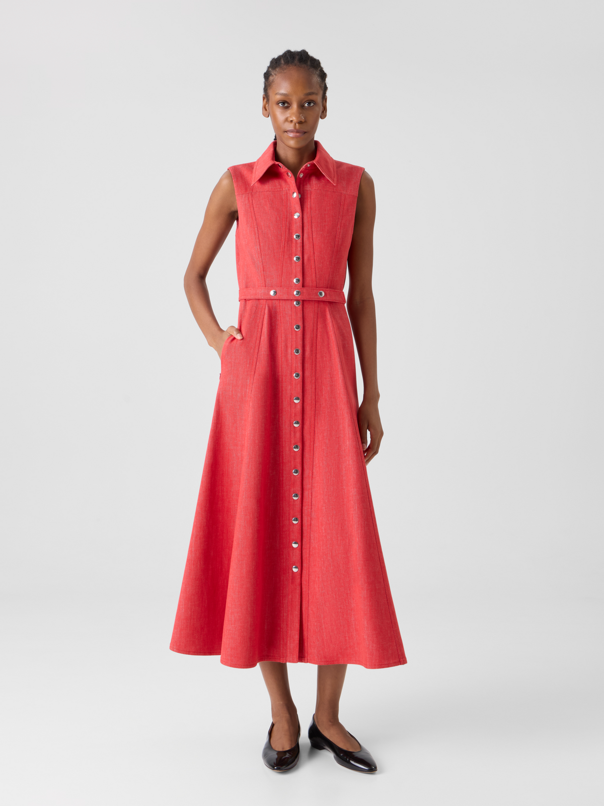 Designer Fit and Flare Denim Midi Dress - red #editorial