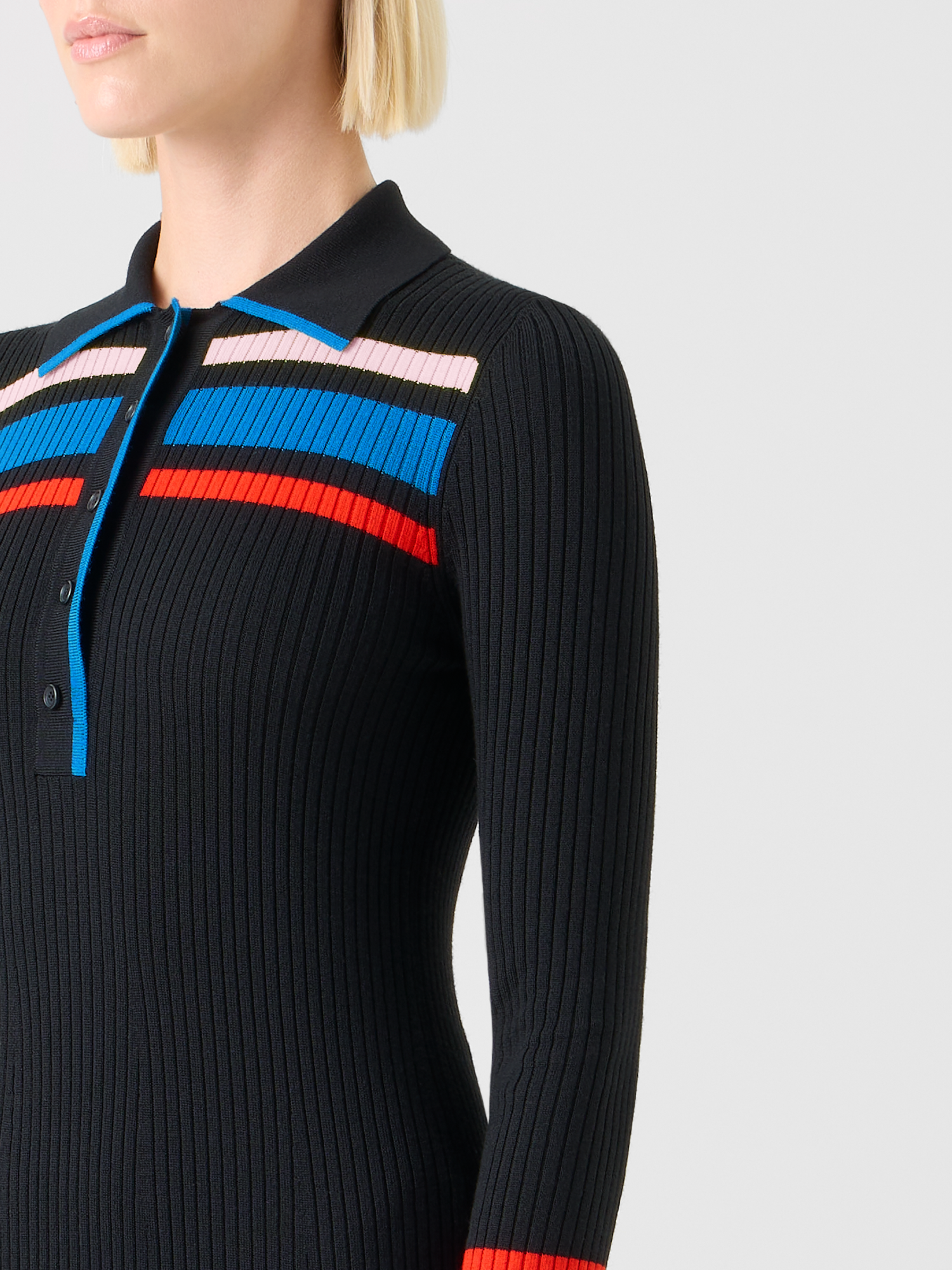 Designer Color-Block Ribbed Knit Polo Dress 