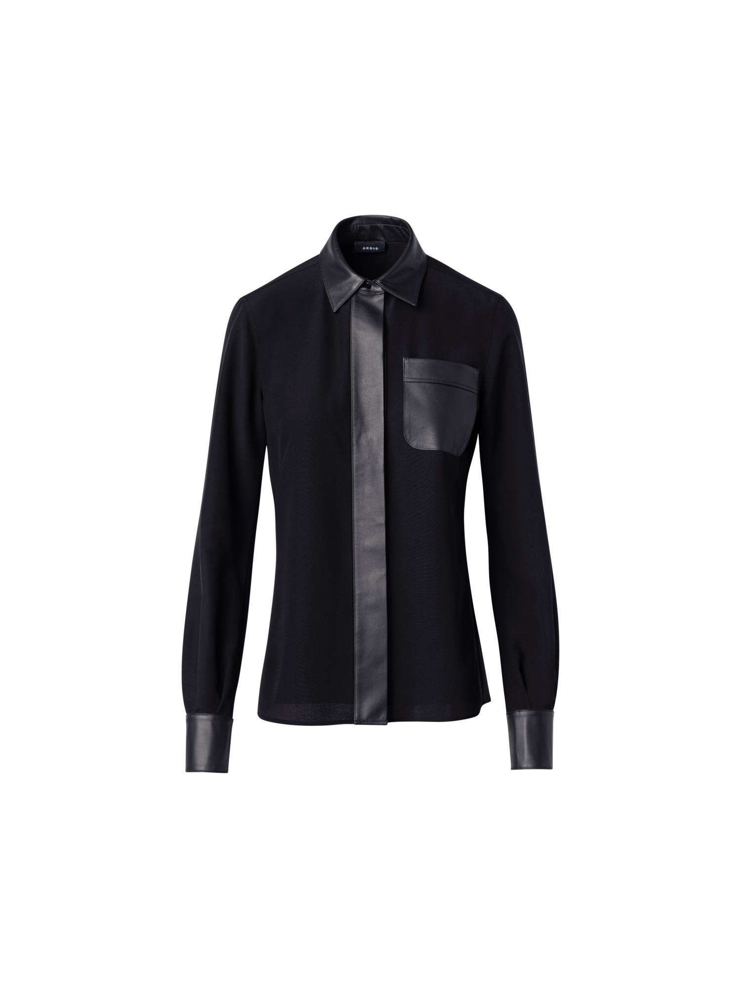 Designer Silk Crêpe Shirt Blouse with Leather Trims - black