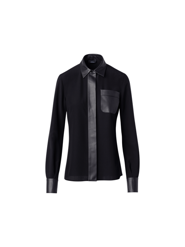 Designer Silk Crêpe Shirt Blouse with Leather Trims - black