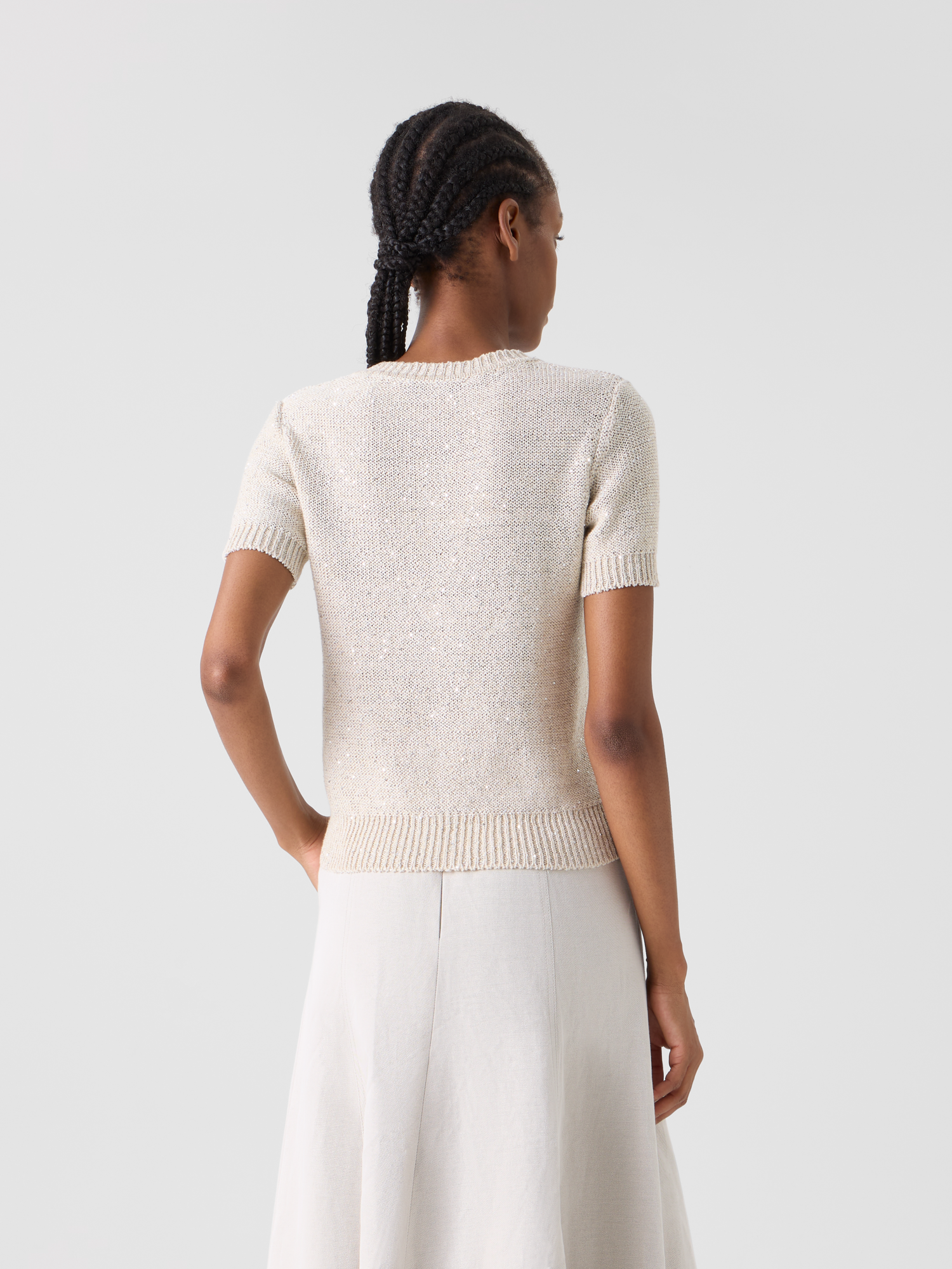 Designer Sequined Short Sleeve Linen Cotton Sweater - neutral - beige 