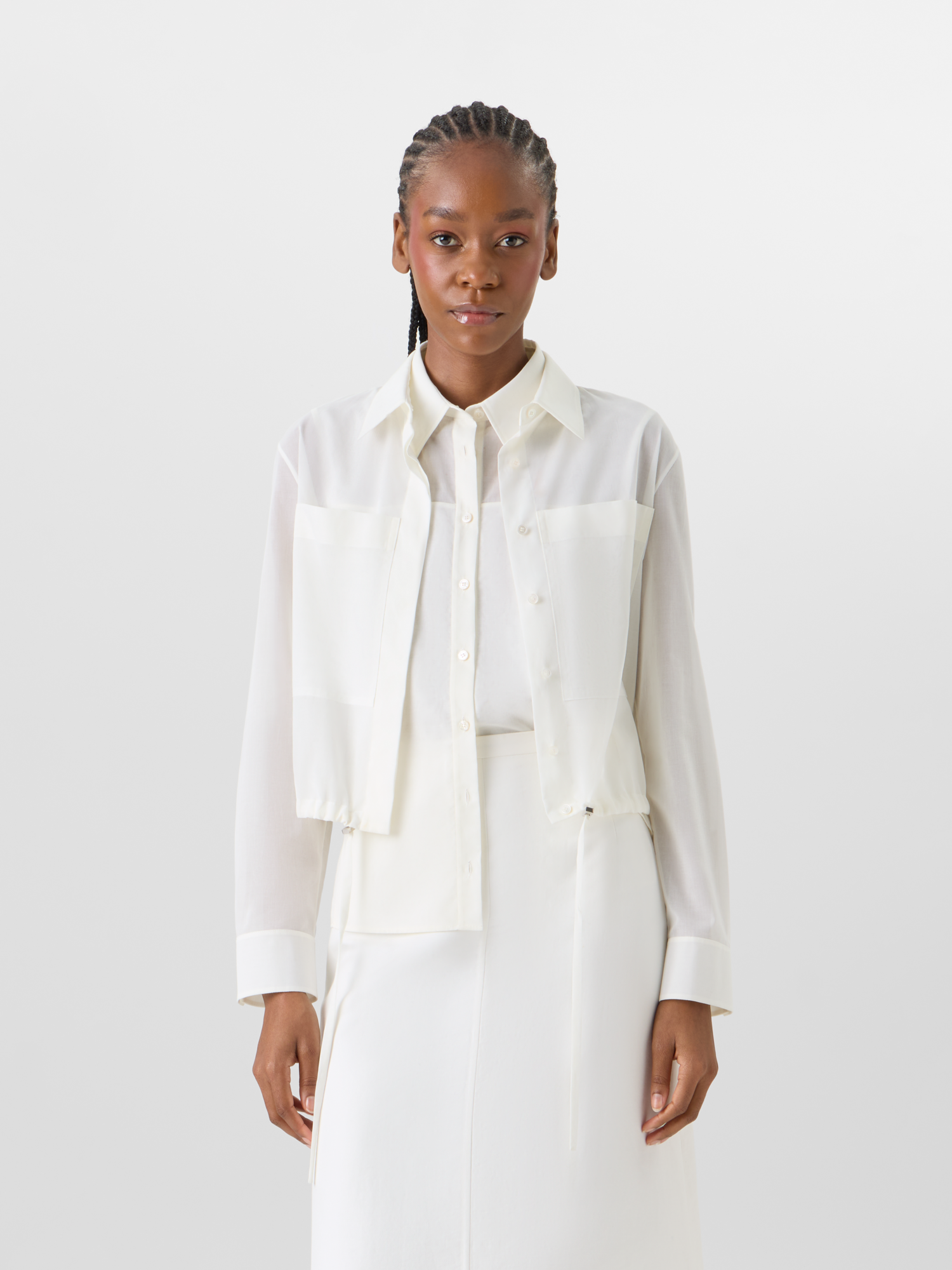 Designer Long-Sleeve Cotton Voile Blouson Shirt - ecru 