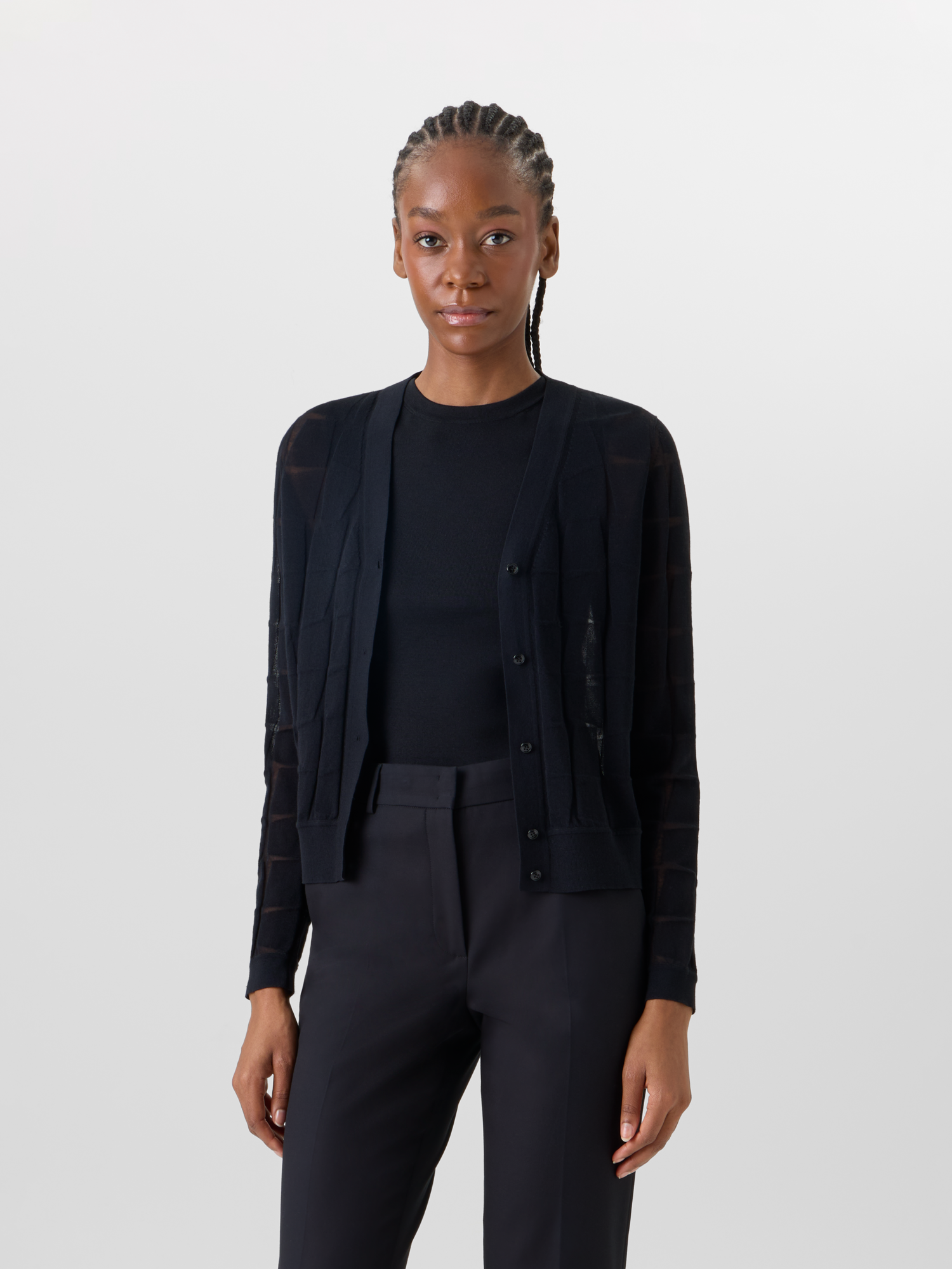 Designer Long-Sleeve Trapezoid Jacquard Knit Cardigan - black 