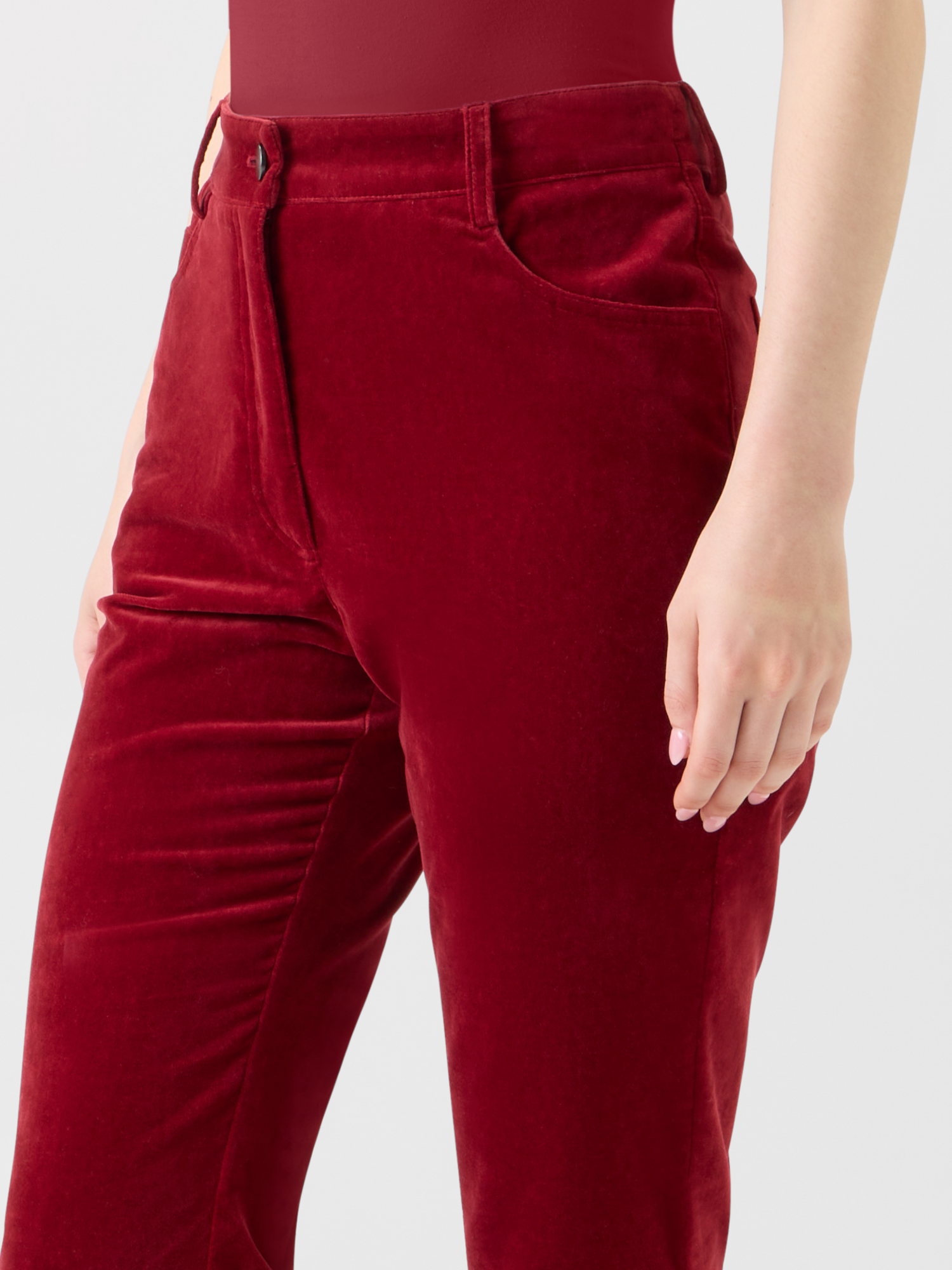 Designer Cropped Bootcut Stretch Cotton Velvet Pants - red 