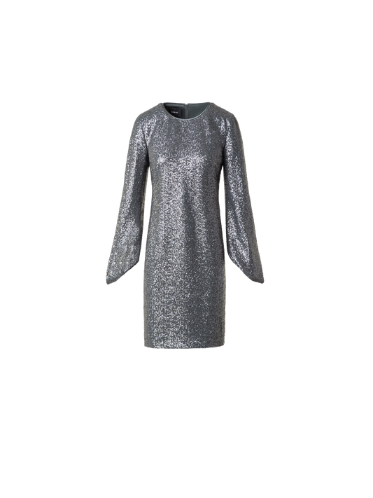 Designer Sequin Cocktail Dress with Long Volume Sleeves - grey - silver