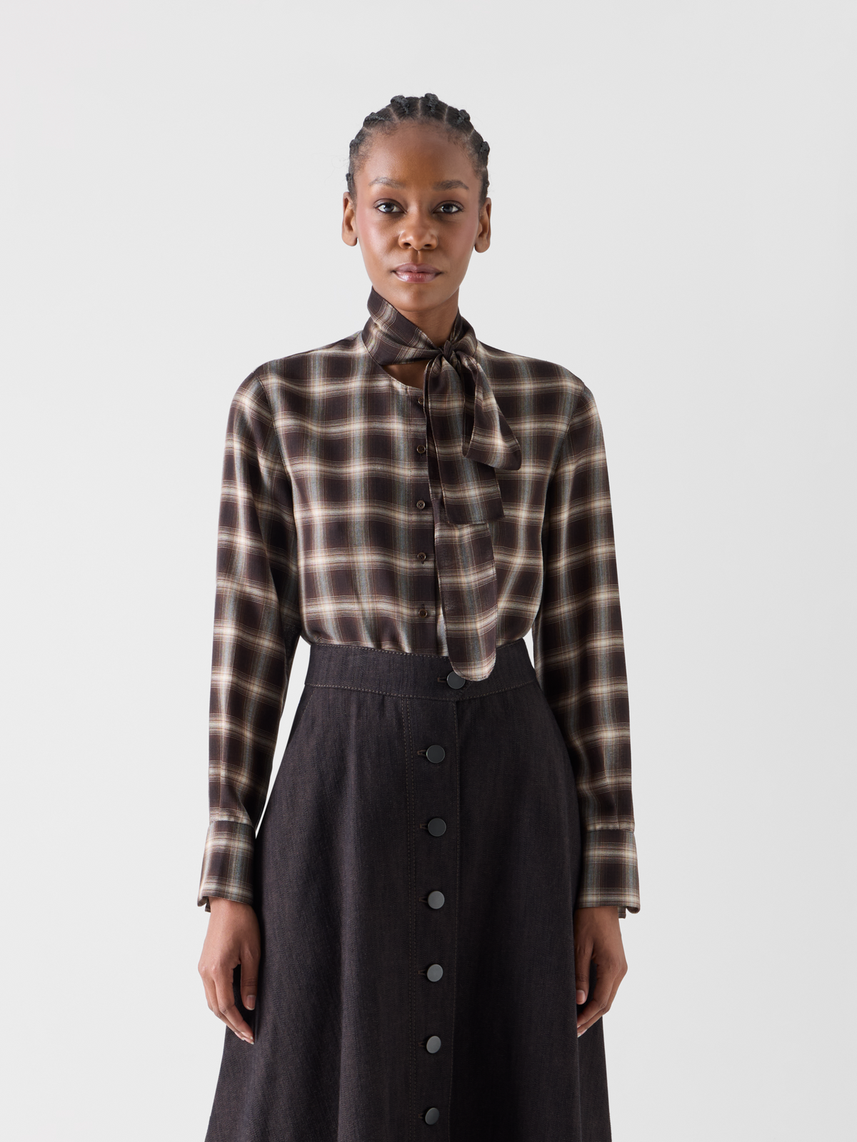 Designer Plaid Blouse in Wool Shelley with Bow Collar - brown - multicolor #editorial