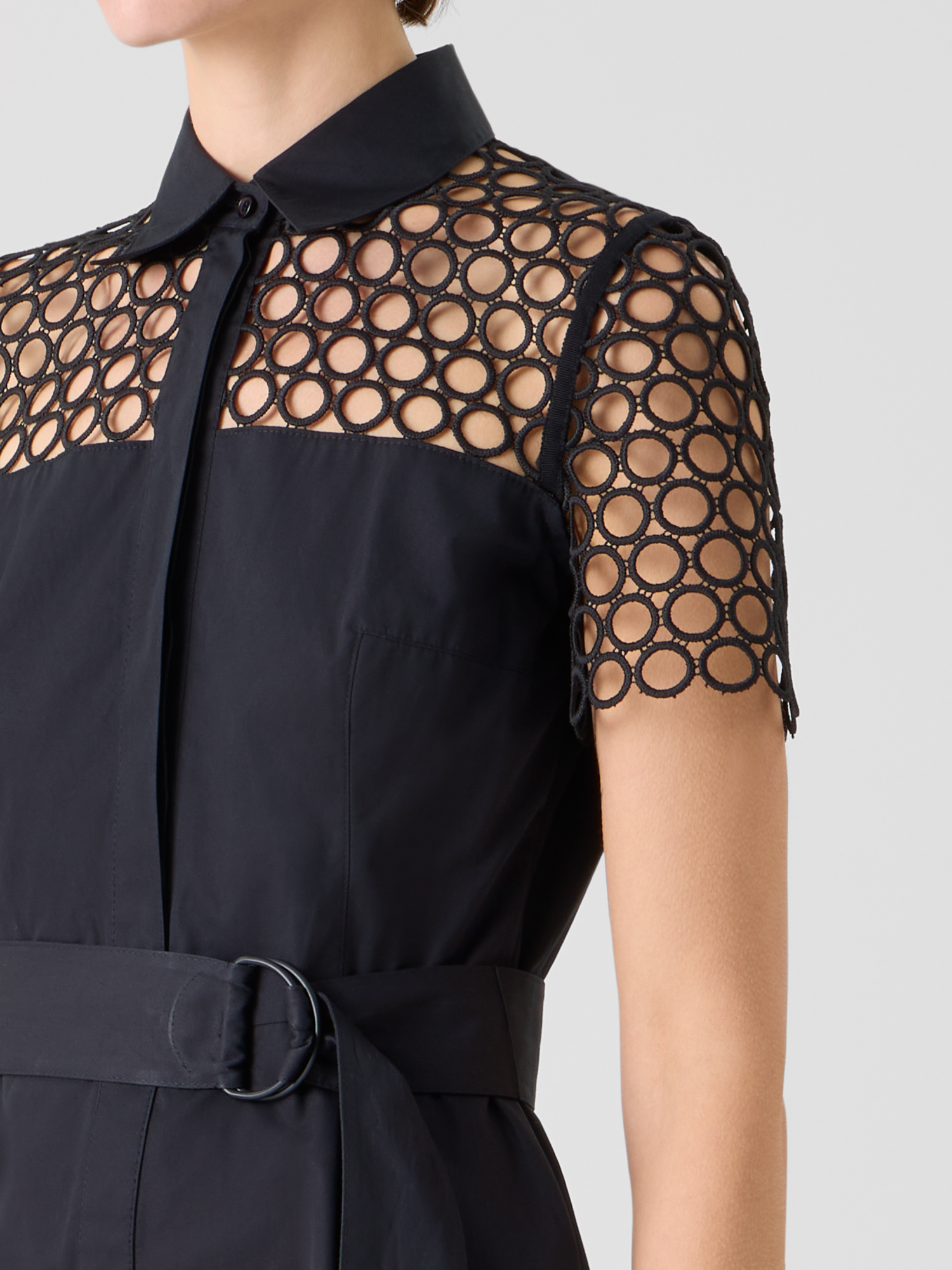 Designer Cotton Midi Dress with Eyelet Guipure - black