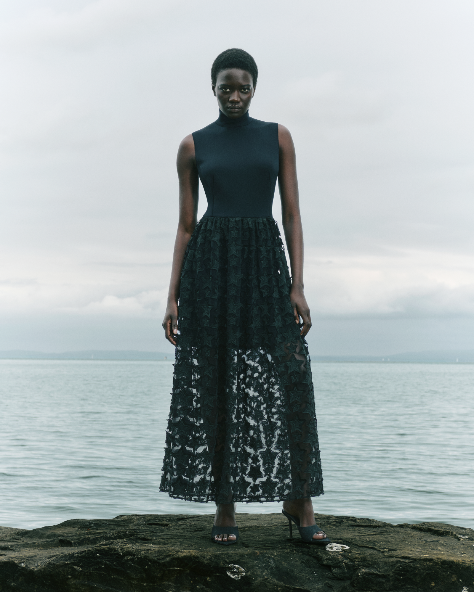 Designer Midi Dress with 3D Star Embroidery - black 