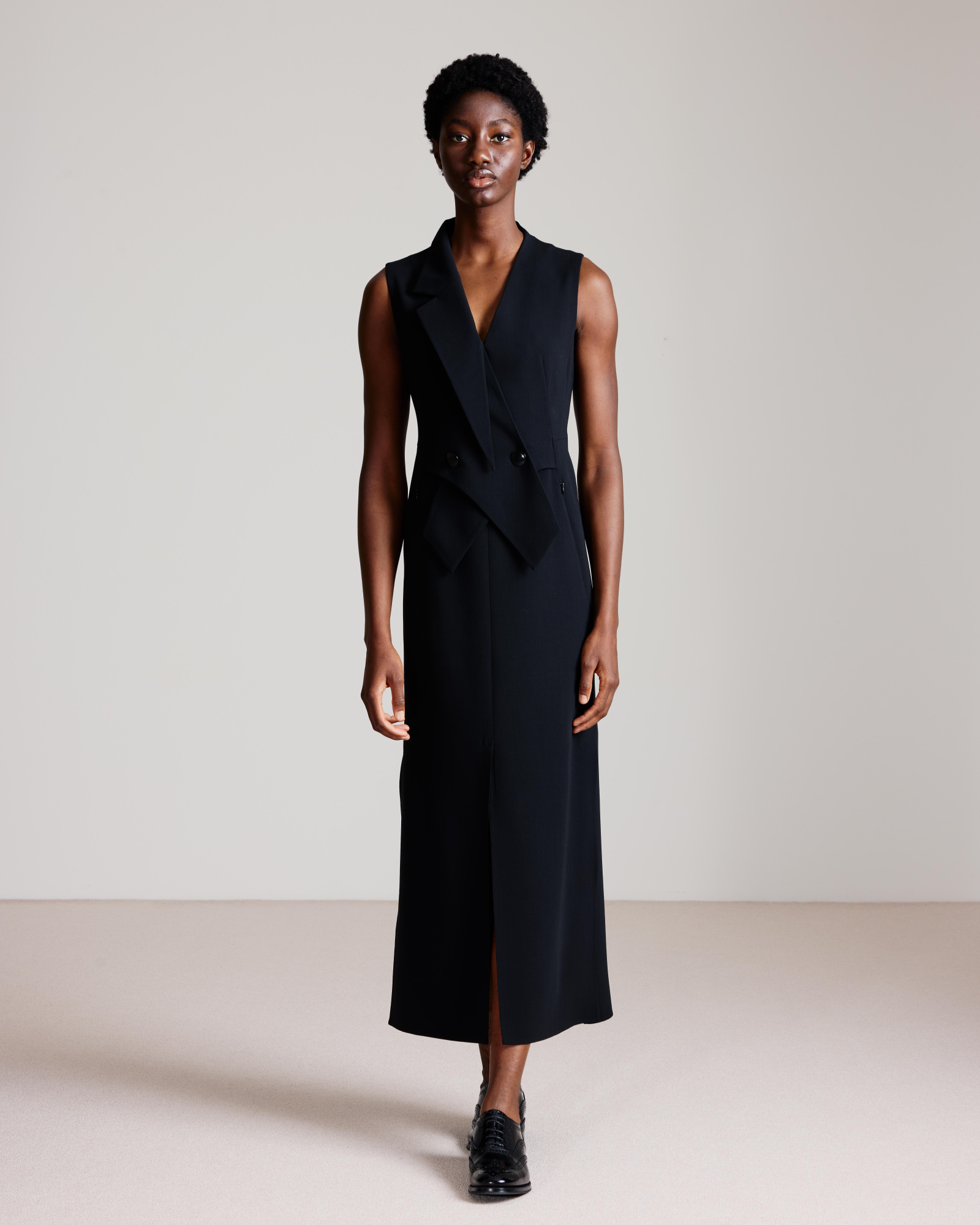 Designer Sleeveless Blazer Dress in Wool Double-Face - black 