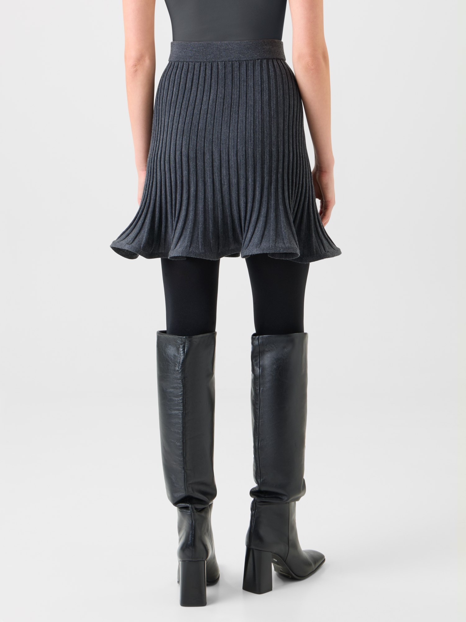 Designer Flared Merino Wool Rib Knit Mini Skirt - neutral - grey 