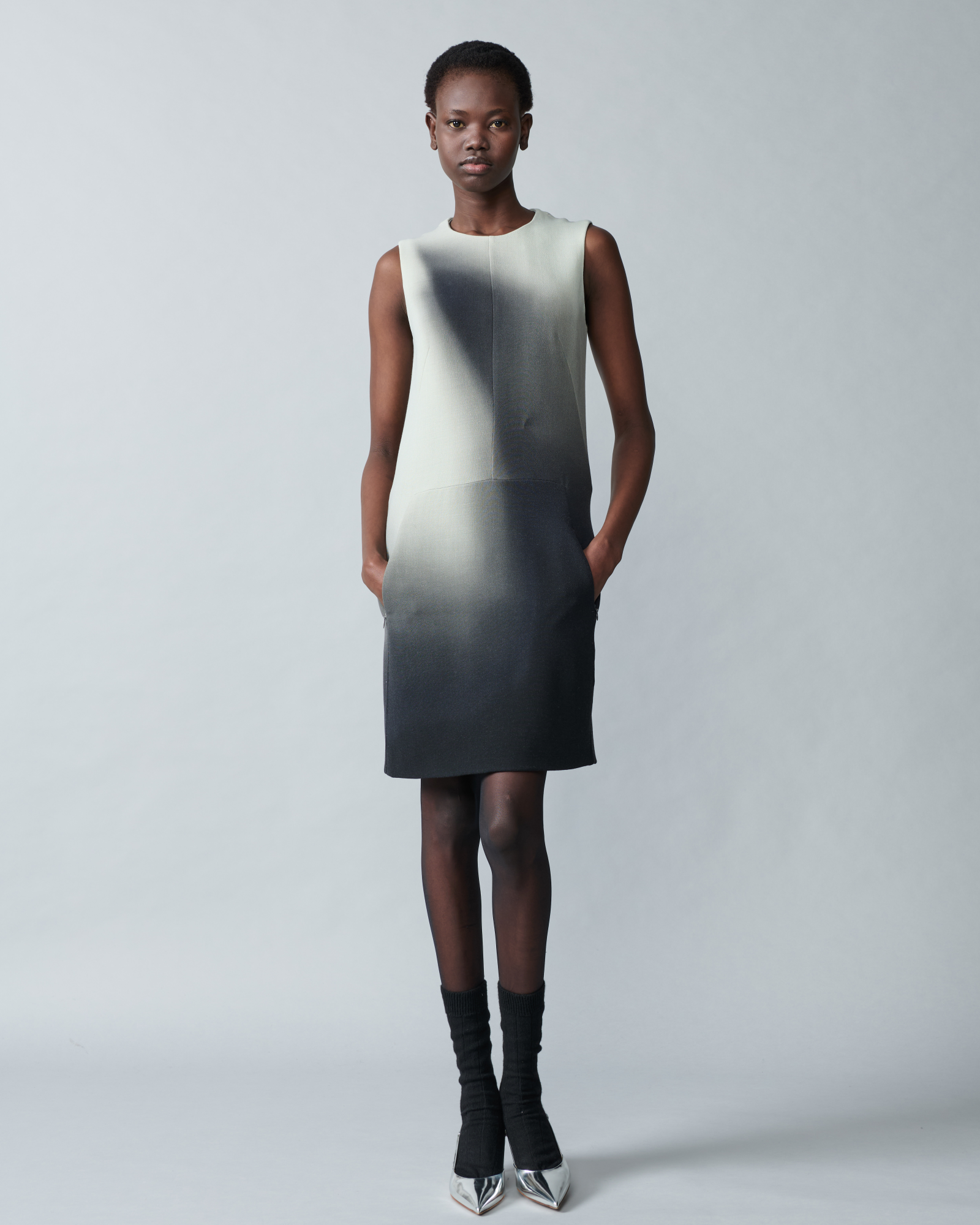 Designer Wool Double-Face Sheath Dress with Shadow Print - grey - multicolor 