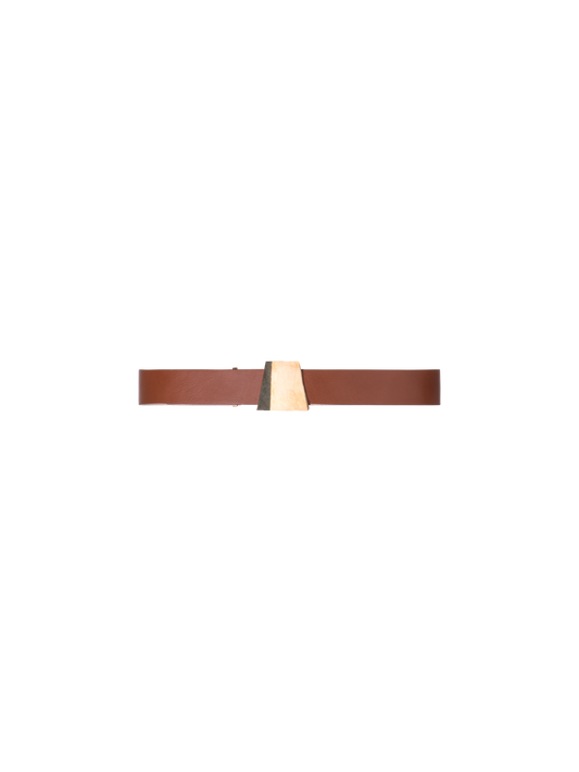 Designer Leather Belt with Gold Trapezoid Buckle - neutral - brown - gold