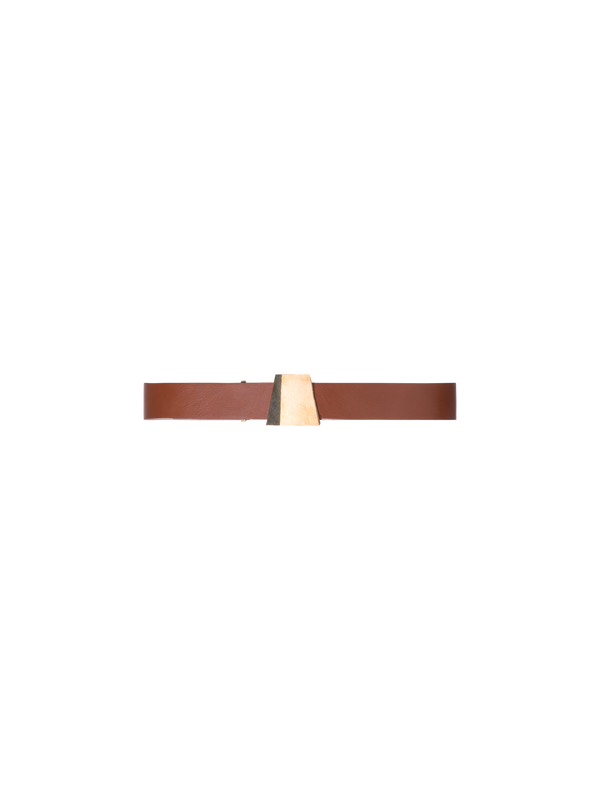 Designer Leather Belt with Gold Trapezoid Buckle - neutral - brown - gold