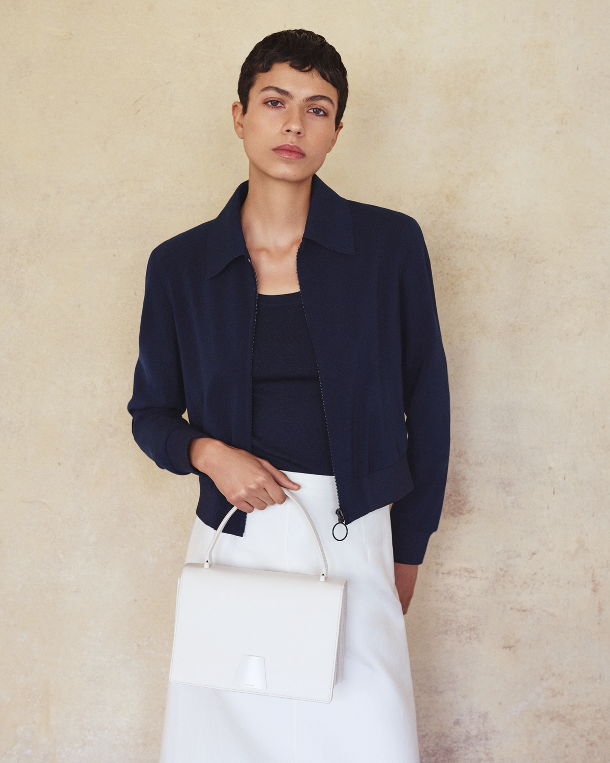 Designer Cropped Bomber Jacket in Cool Wool - navy - blue #editorial