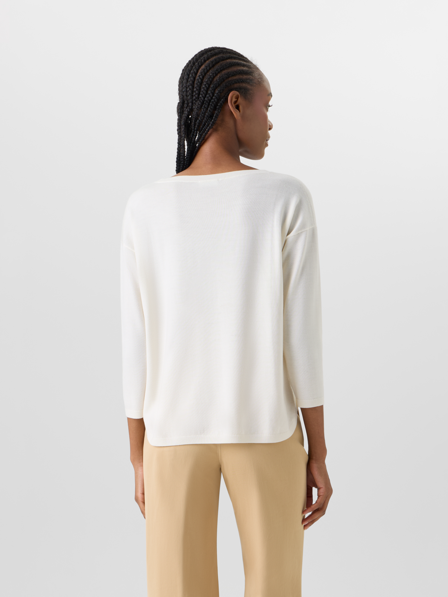 Designer Bracelet-Sleeve Merino Wool Knit Pullover - ecru 