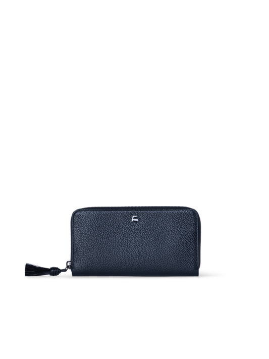 Designer Long Zip Around Wallet in Leather - navy - blue