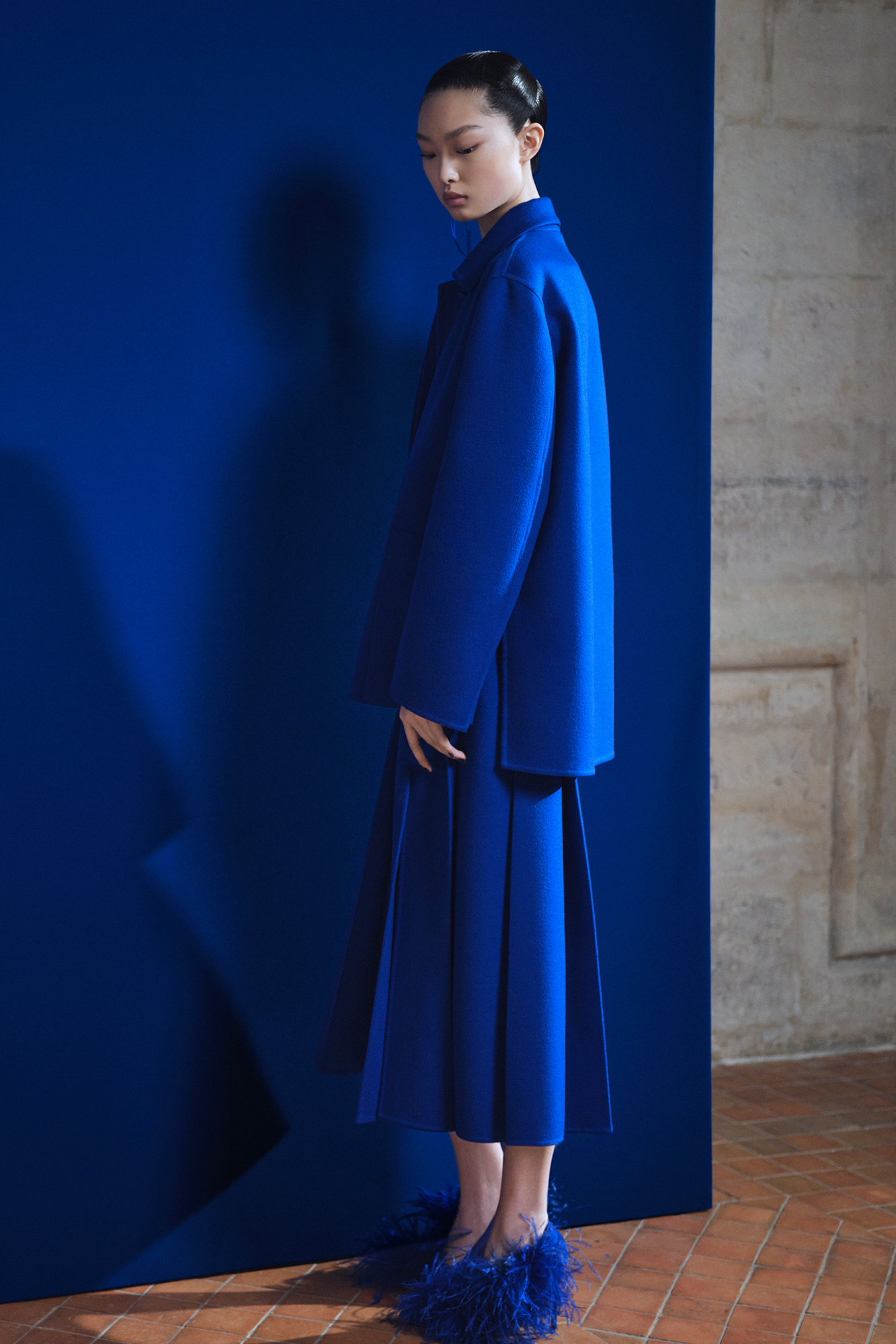 Designer Pleated Wool Flannel Double-Face Midi Skirt - blue 