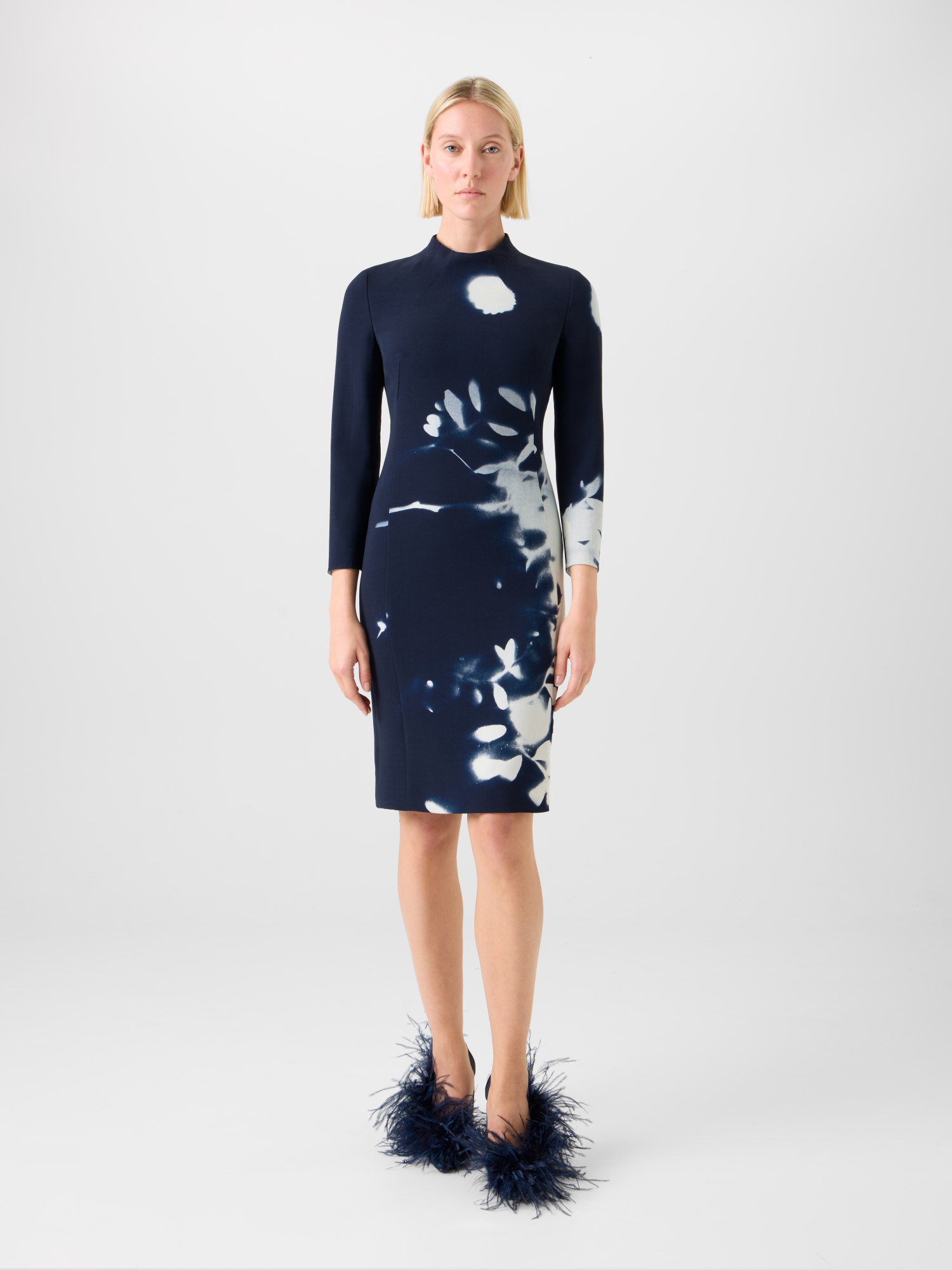 Designer Short Wool Mock Neck Dress in Wildflower Print - neutral - navy - blue - multicolor 
