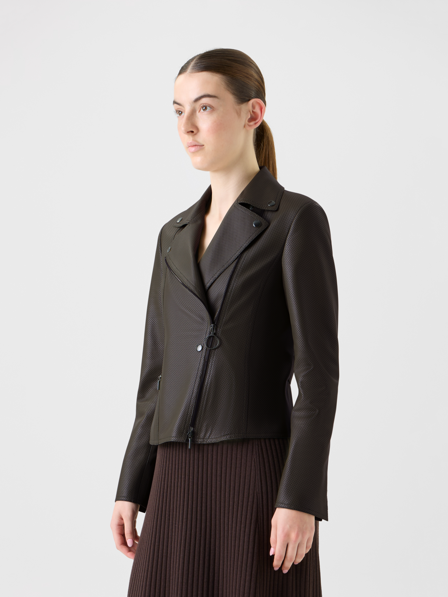 Designer Short Fitted Leather Biker Jacket - neutral - brown 