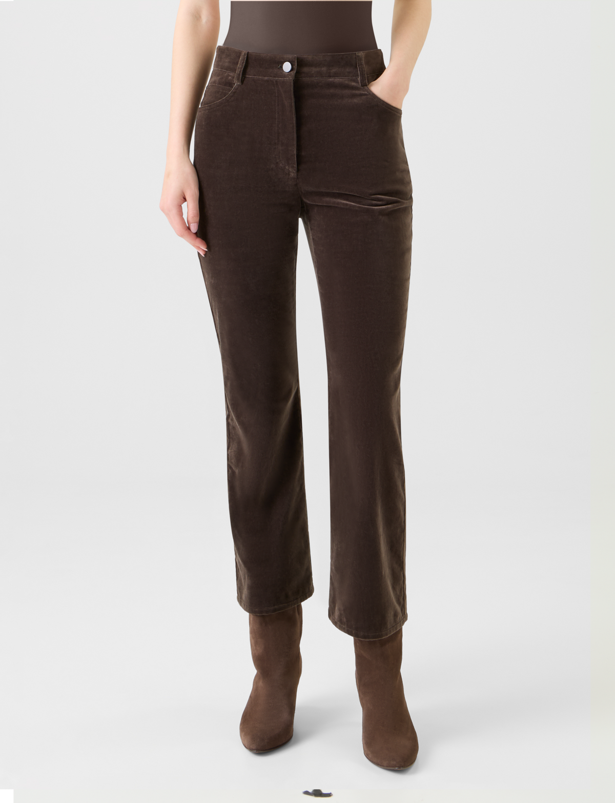 Designer Cropped Bootcut Stretch Cotton Velvet Pants - neutral - brown #editorial