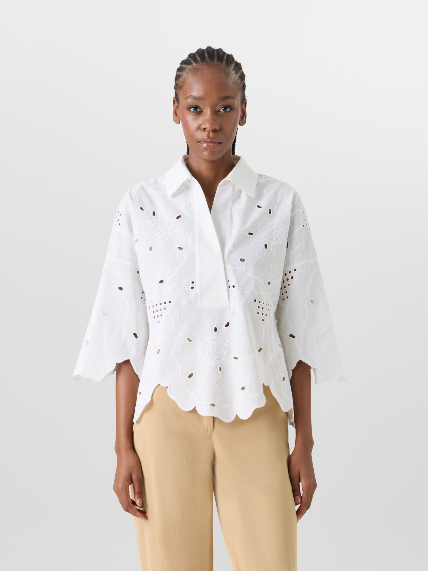 Designer 3/4-Sleeve Flower Eyelet Blouse - white 