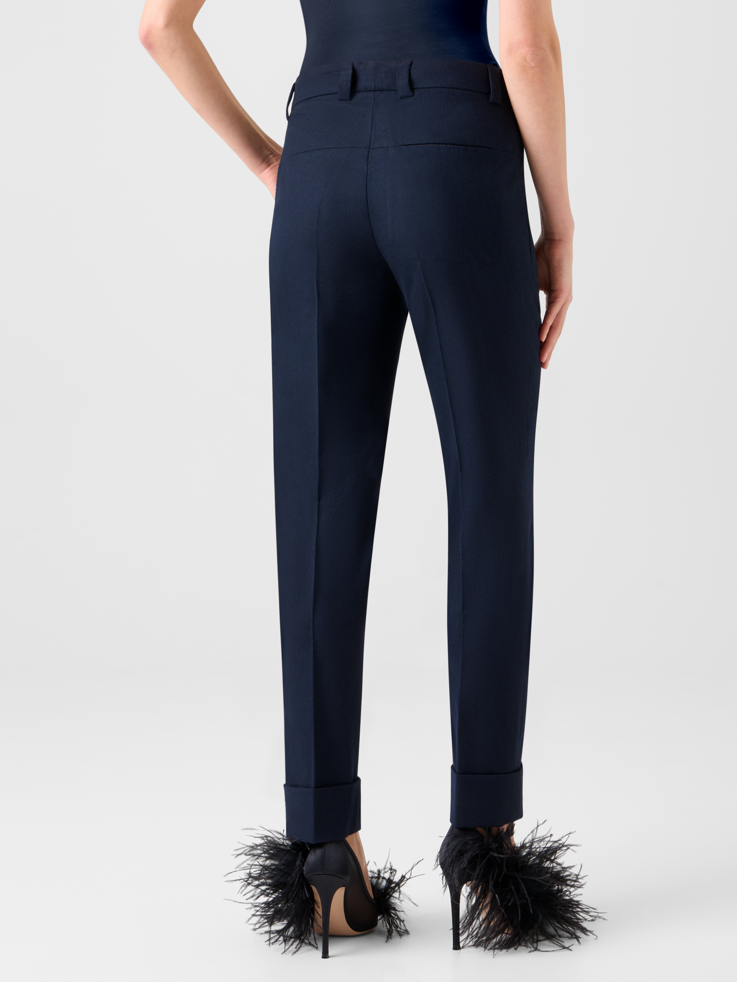 Designer Cropped Tapered Stretch Wool Flannel Pants - neutral - navy - blue 