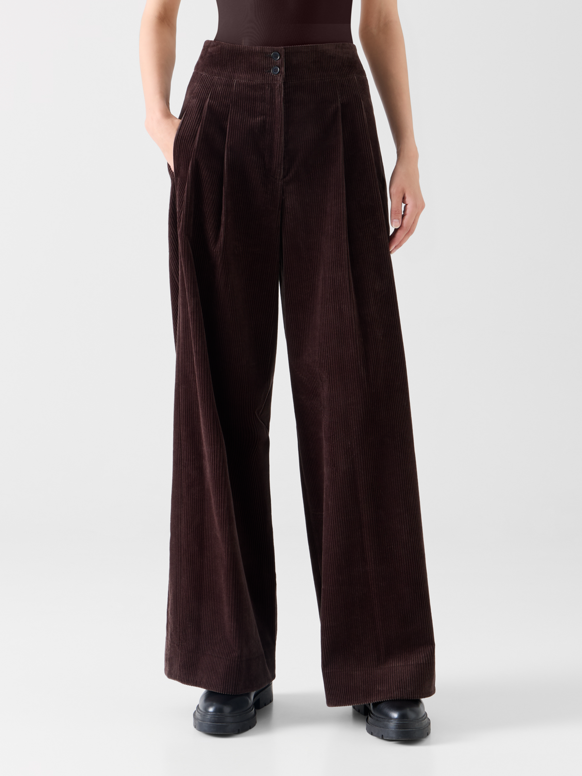 Designer Wide Pleated Pants in Cotton Corduroy - brown #editorial