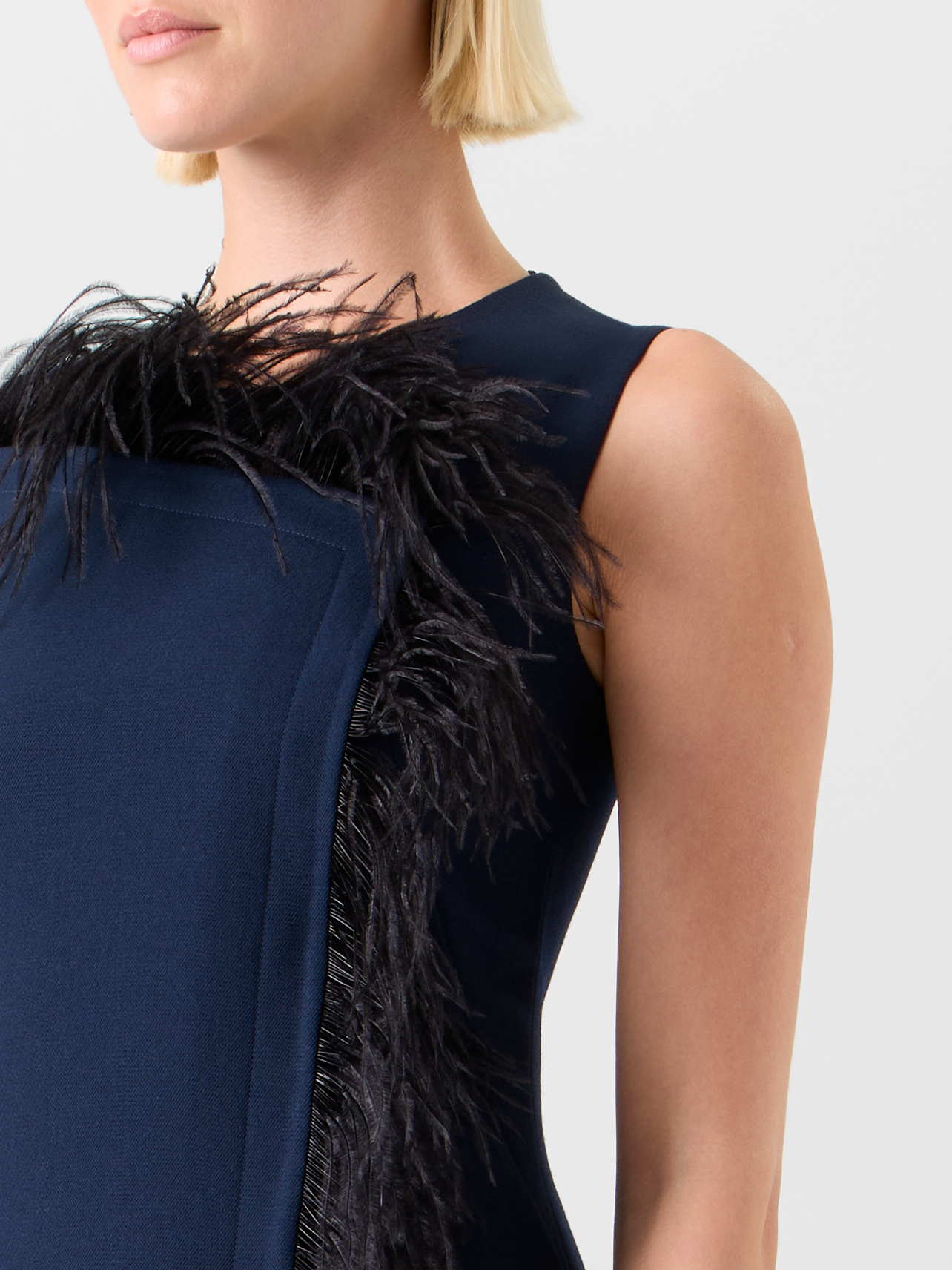 Designer Asymmetrical Midi Dress with Feather Trim - navy - blue - multicolor 