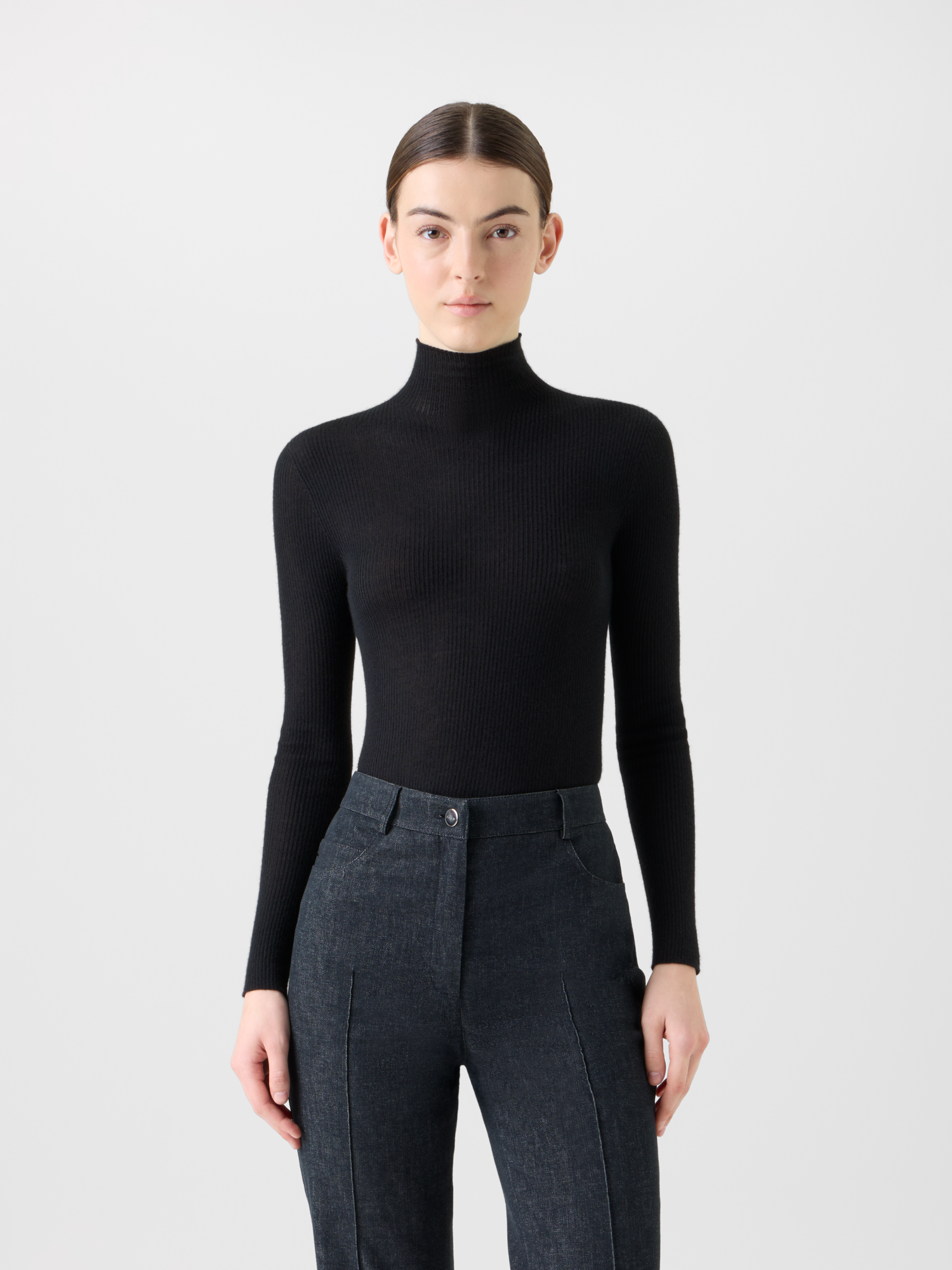 Designer Fine Rib Cashmere Silk Mock Neck Pullover - black