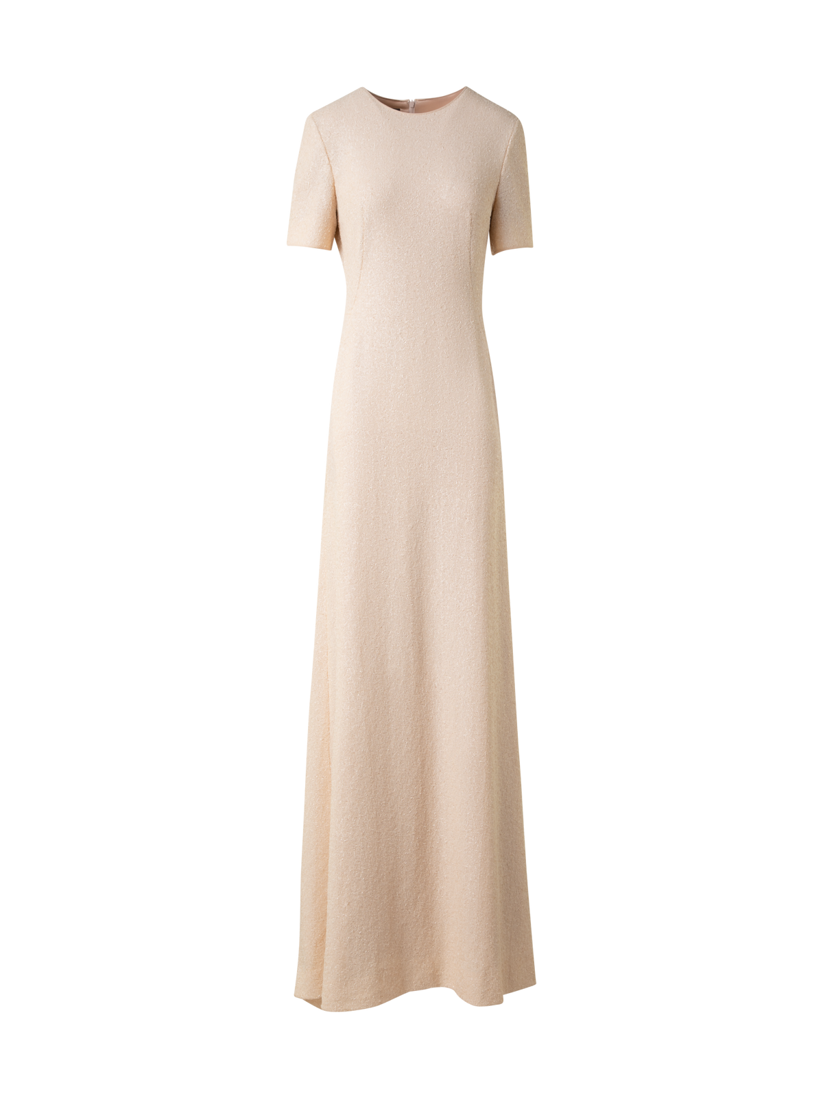 Designer Long Sequined Evening Gown with Short Sleeves - neutral - pastel - beige