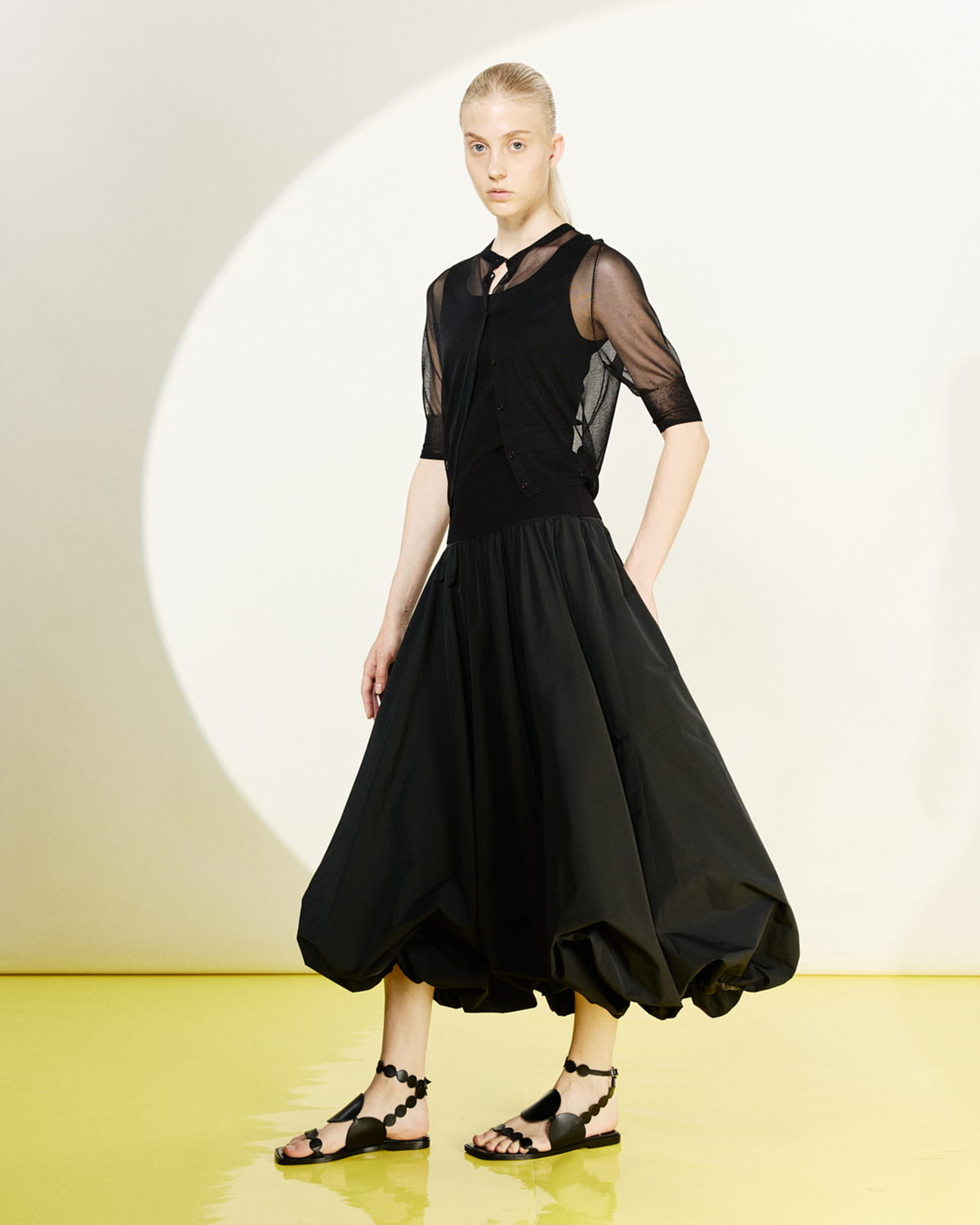 Designer Flounced Midi Taffeta Skirt - black #editorial