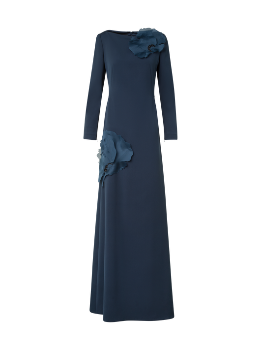 Designer Silk Gown with 3D Anemone - neutral - navy - blue