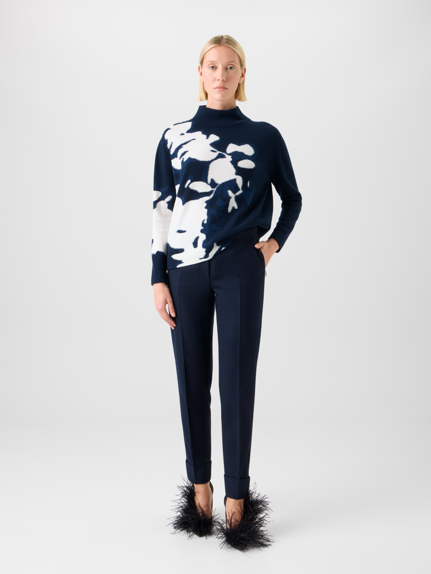 Designer Cashmere Wildflower Intarsia Mock Neck Sweater - navy - blue - multicolor 