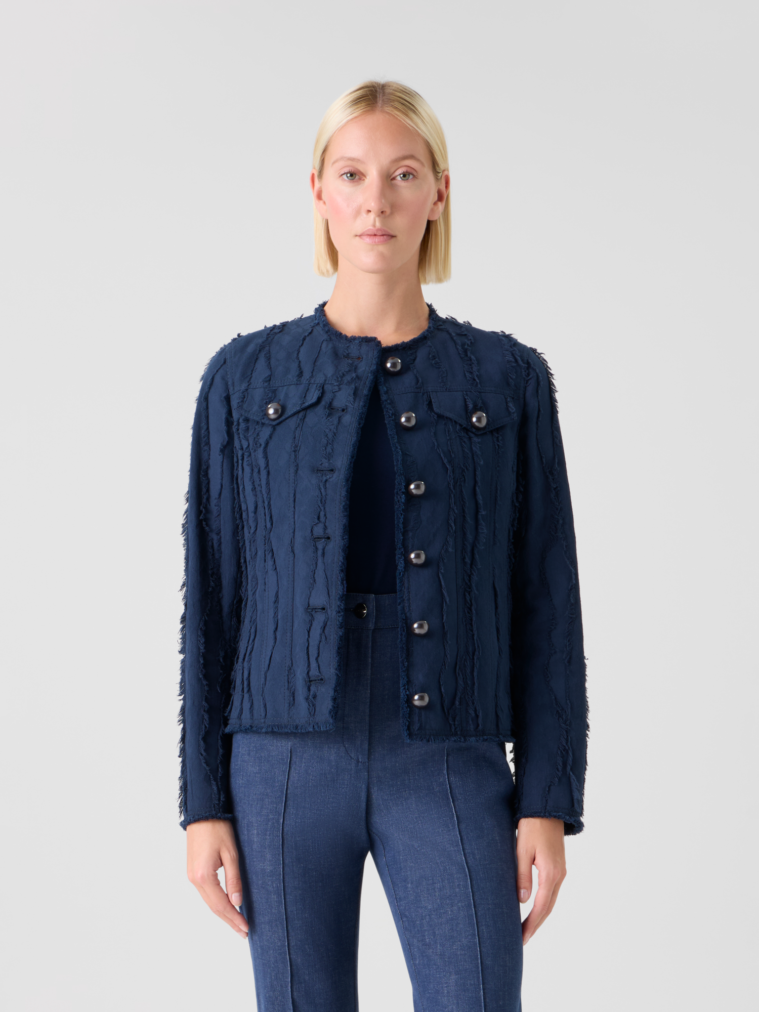 Designer Fringed Wave Jacquard Cotton Jacket - navy - blue