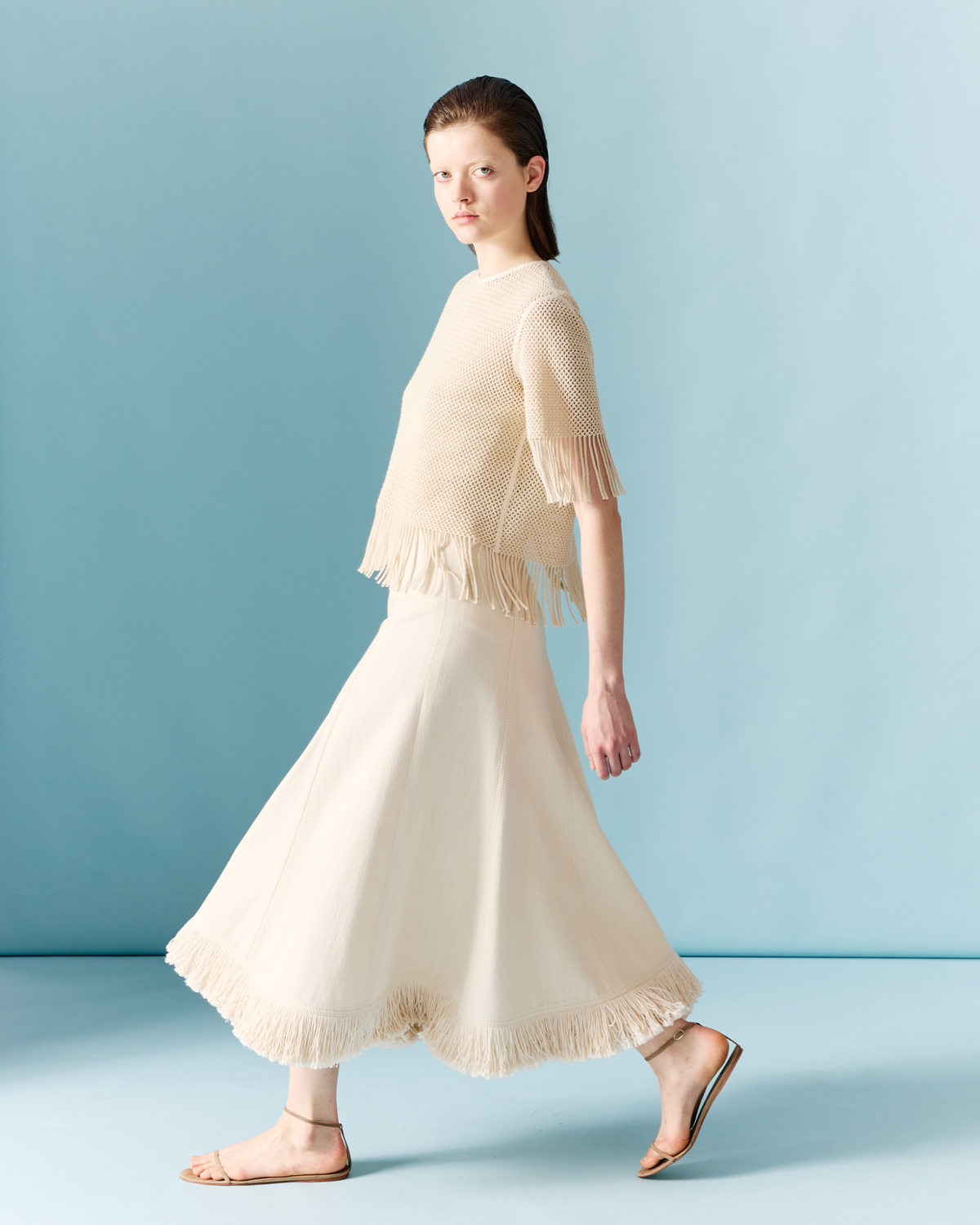 Designer Denim Midi Skirt with Fringes - neutral - pastel - beige #editorial