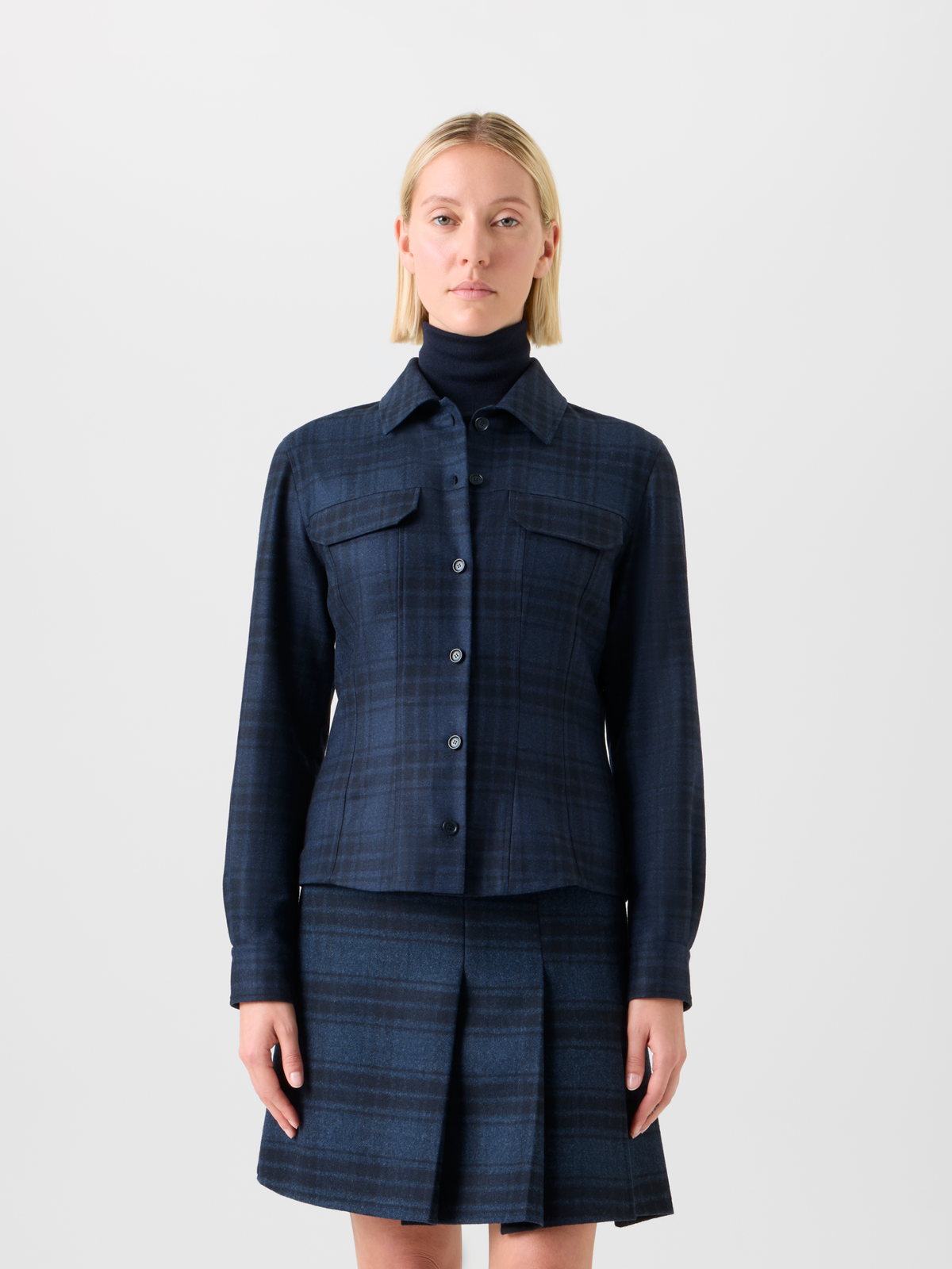 Designer Fitted Wool Flannel Plaid Shirt Blouse - neutral - navy - blue #editorial