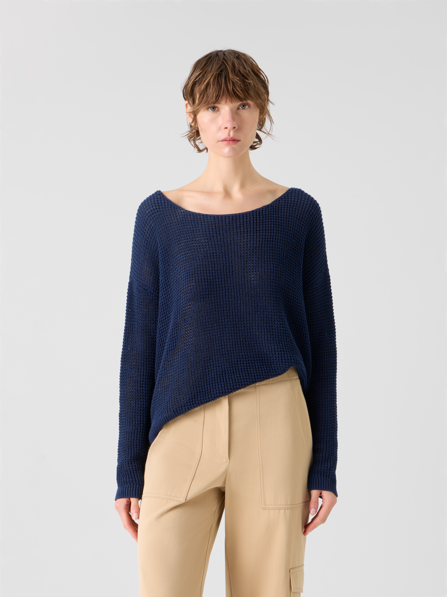 Designer Off-Shoulder Linen-Cotton V-Neck Knit Sweater - navy - blue 