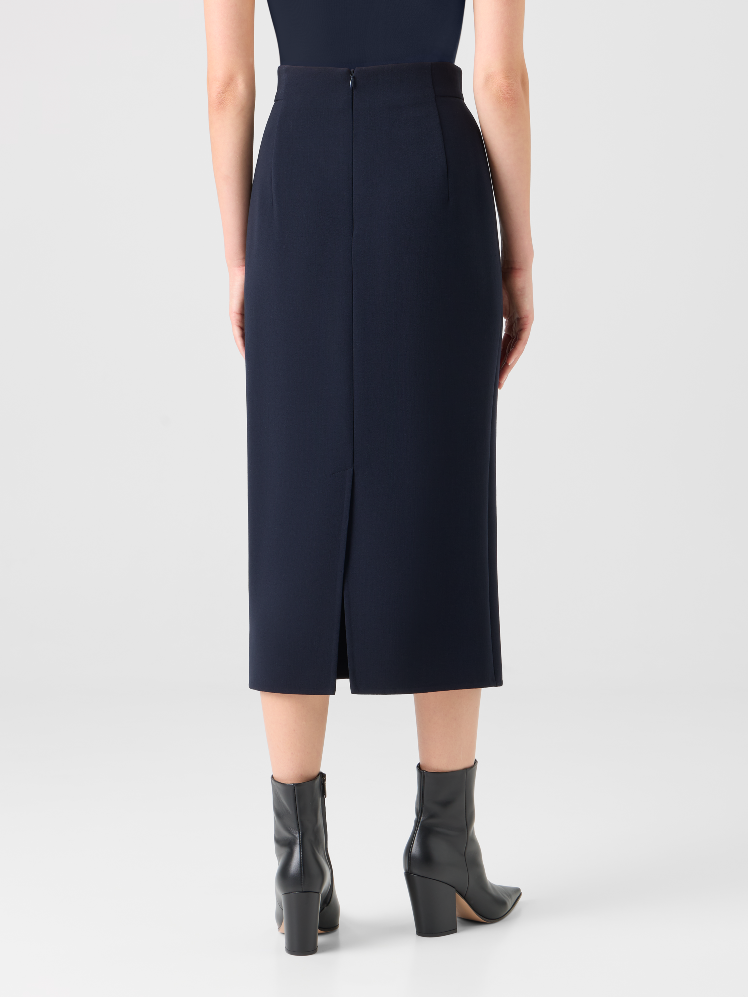 Designer Wool Bi-Stretch Double-Face Midi Pencil Skirt - black 