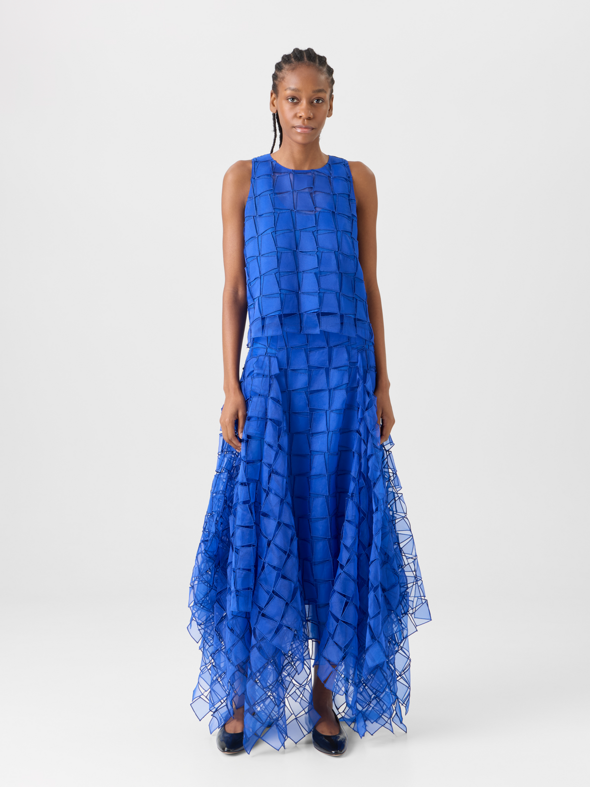 Designer Maxi Skirt with Tapezoid Organza Embroidery - blue #editorial
