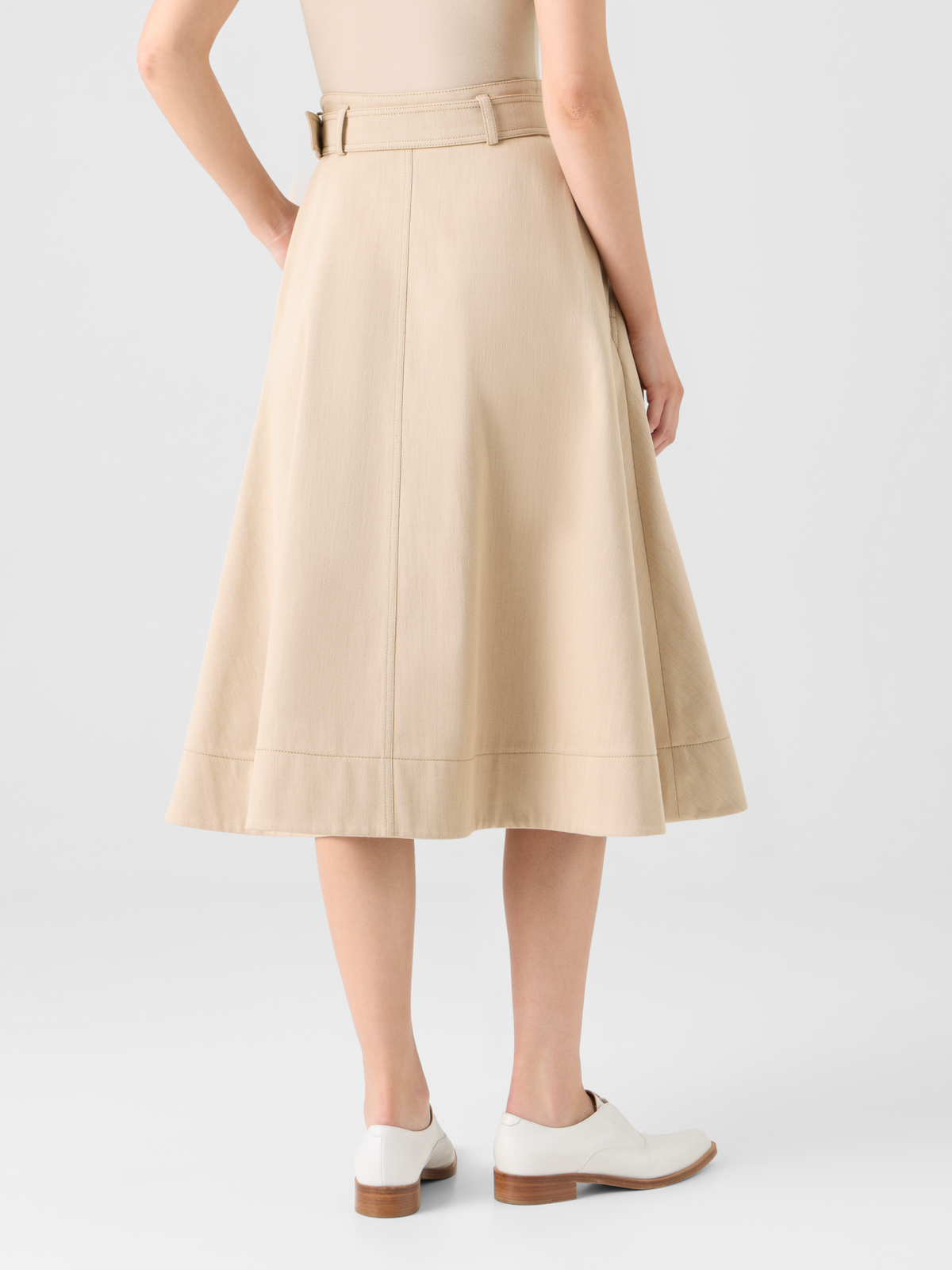 Designer Flared A-Line Midi Skirt in Cotton Denim - beige #editorial