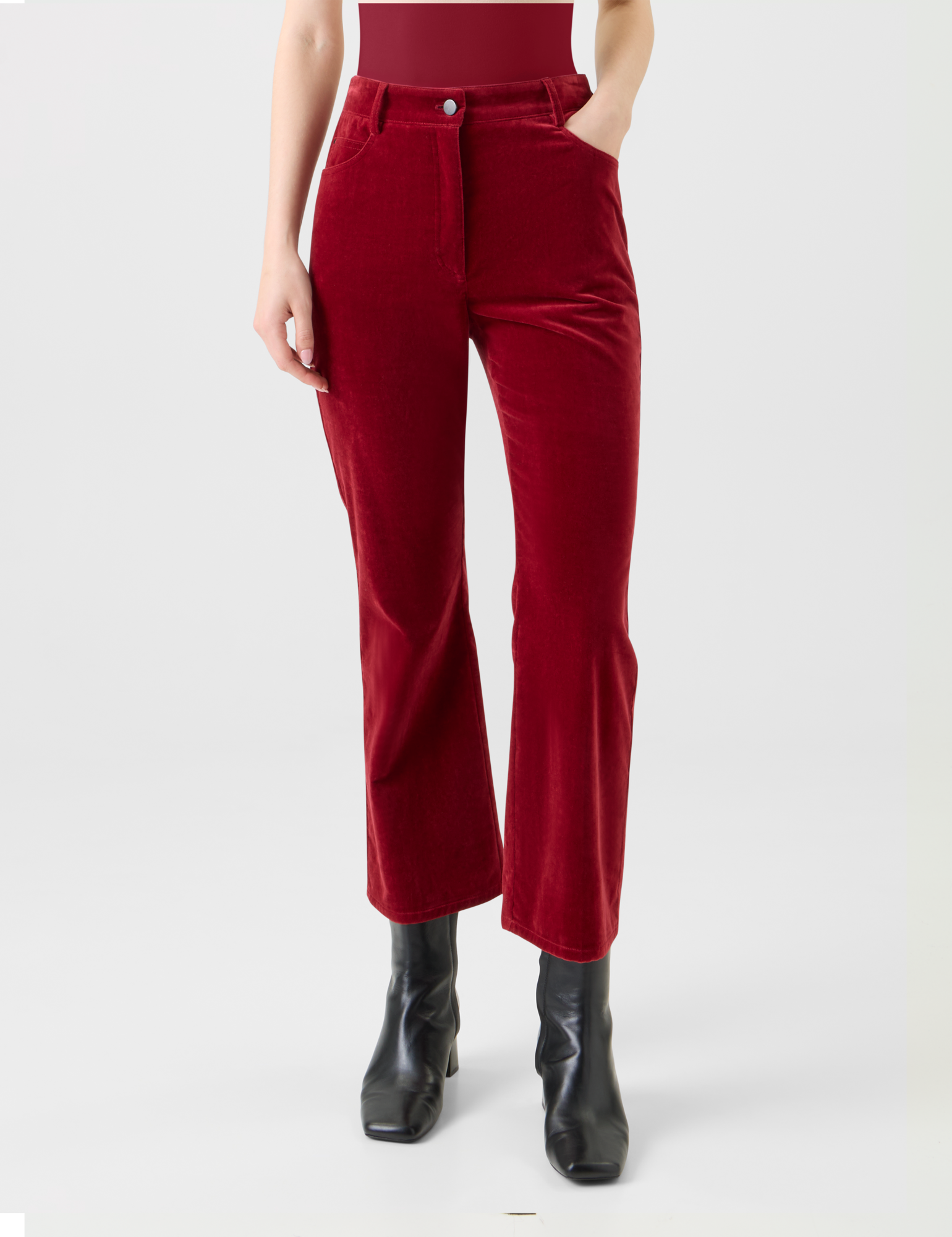 Designer Cropped Bootcut Stretch Cotton Velvet Pants - red 