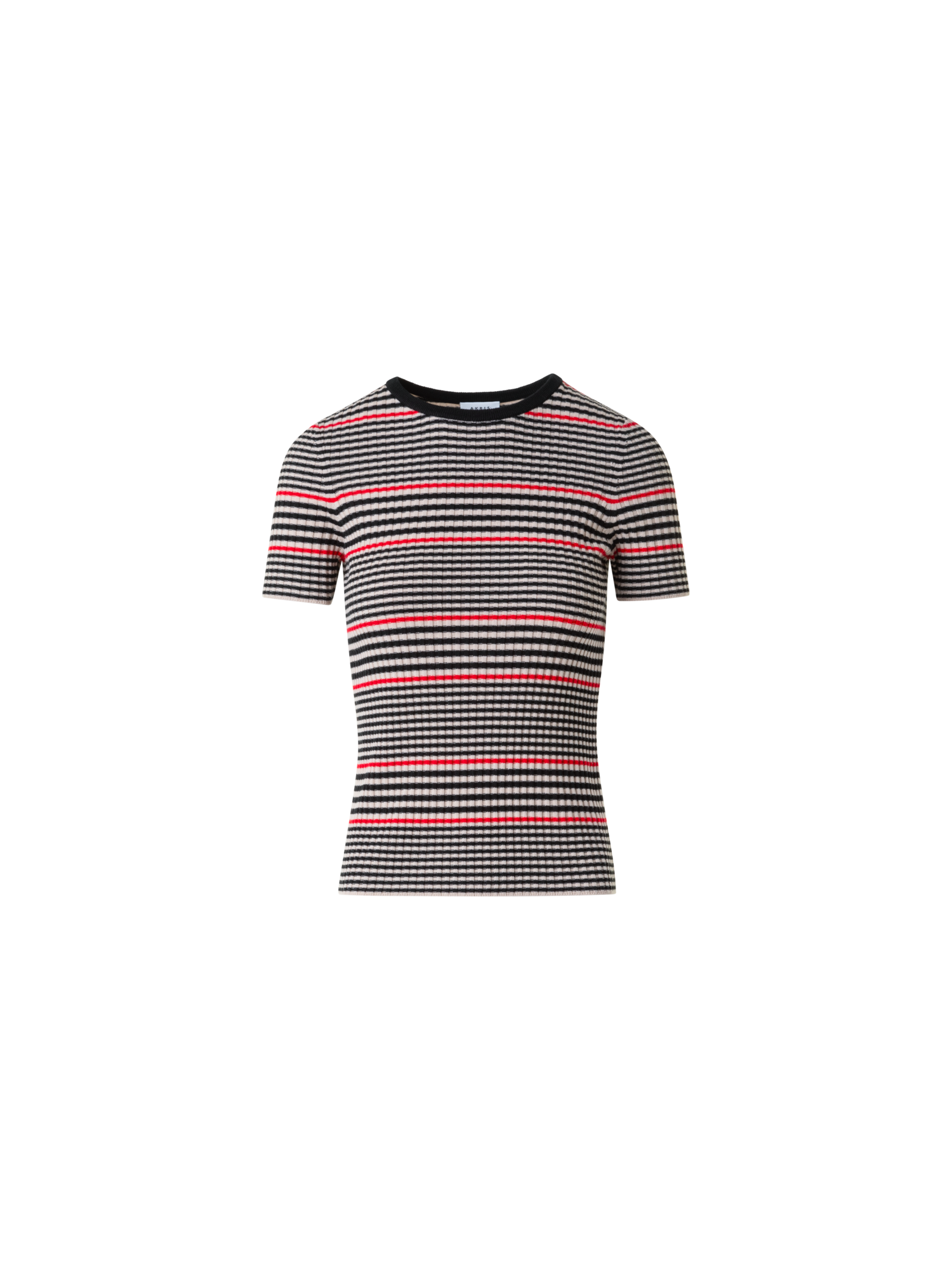 Designer Fitted Short Sleeve Merino Rib Striped Sweater - black - multicolor