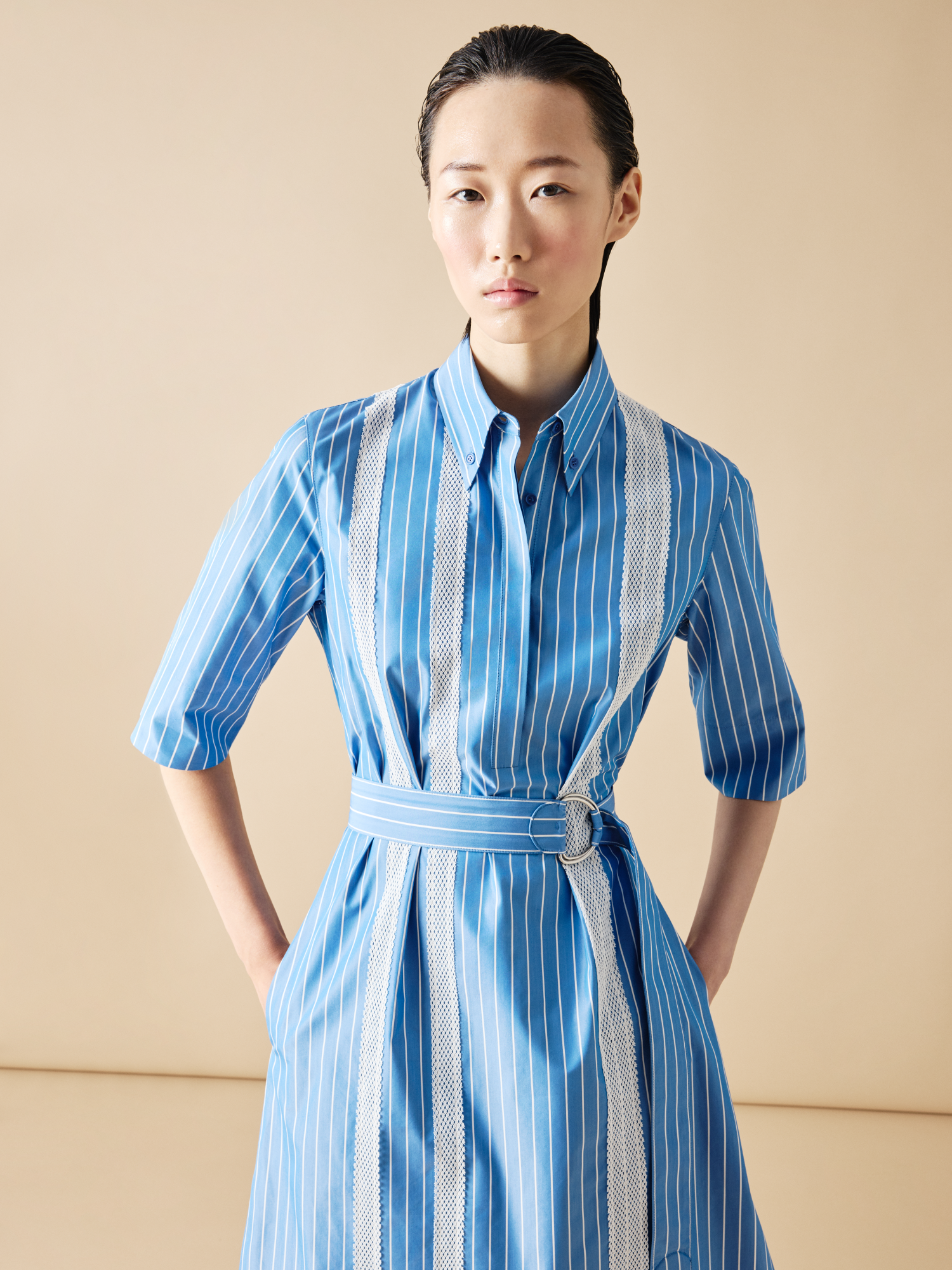 Designer Shirt Dress in Striped Cotton with Mesh Tape - blue - multicolor 