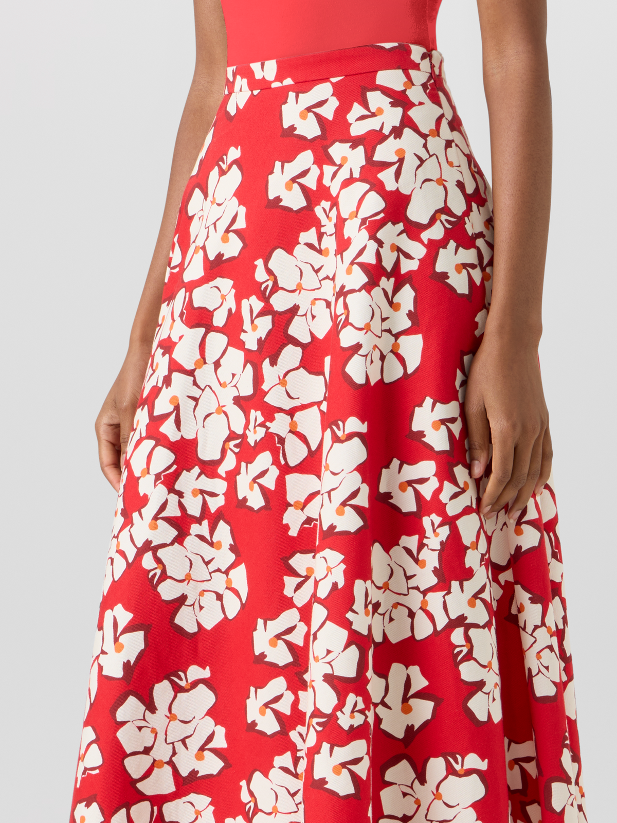 Designer Flared Papercut Flower Midi Skirt - red #editorial