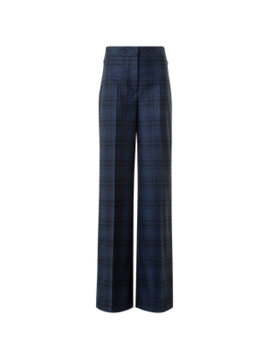 Designer Wide Wool Flannel Plaid Pants - neutral - navy - blue