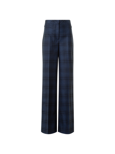 Designer Wide Wool Flannel Plaid Pants - neutral - navy - blue