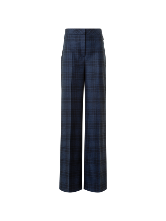 Designer Wide Wool Flannel Plaid Pants - neutral - navy - blue