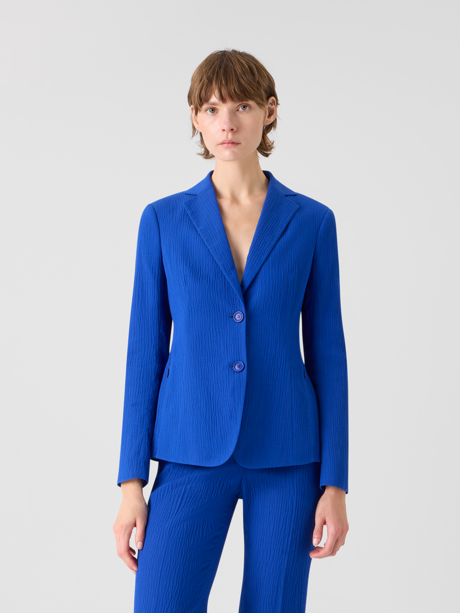 Designer Lavino Tailored Jacket in Structured Cotton Silk - blue 