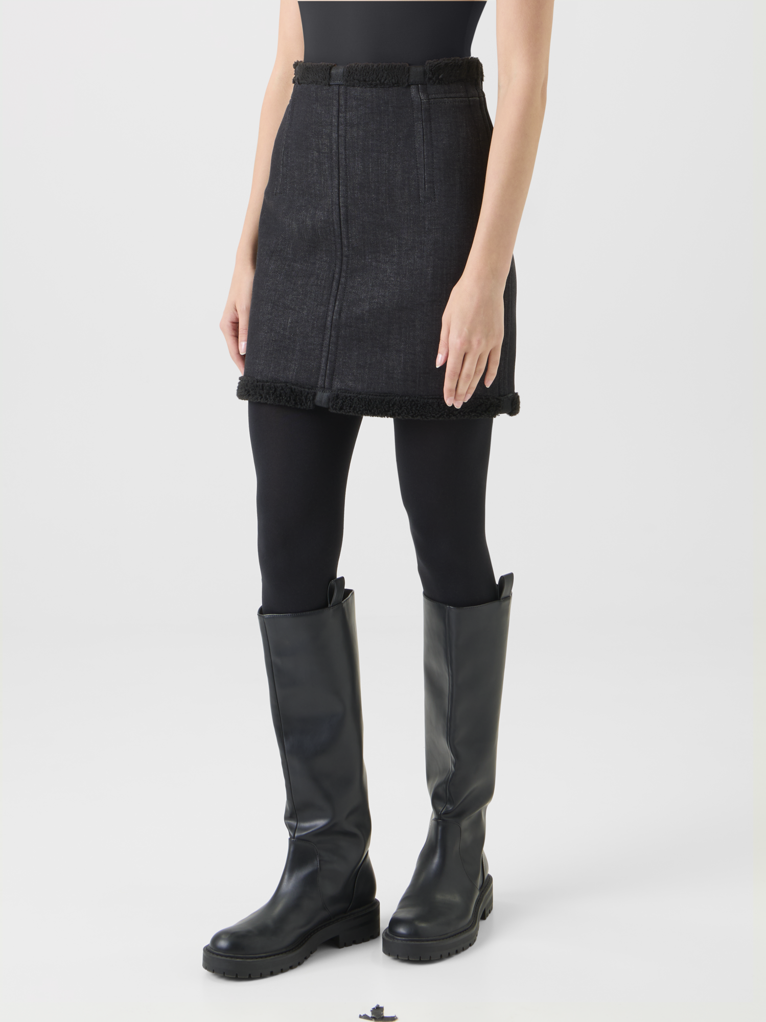 Designer Cotton Denim and Faux Shearling Mini Skirt - black - neutral 